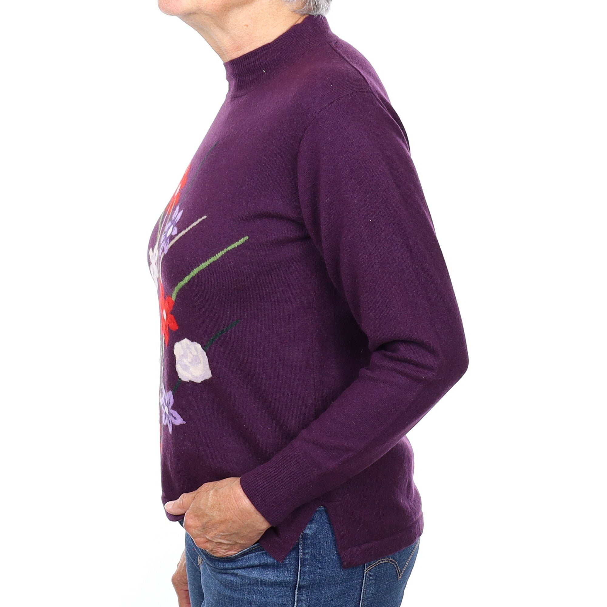 Deep Purple Floral Cashmere Turtleneck Jumper Medium
