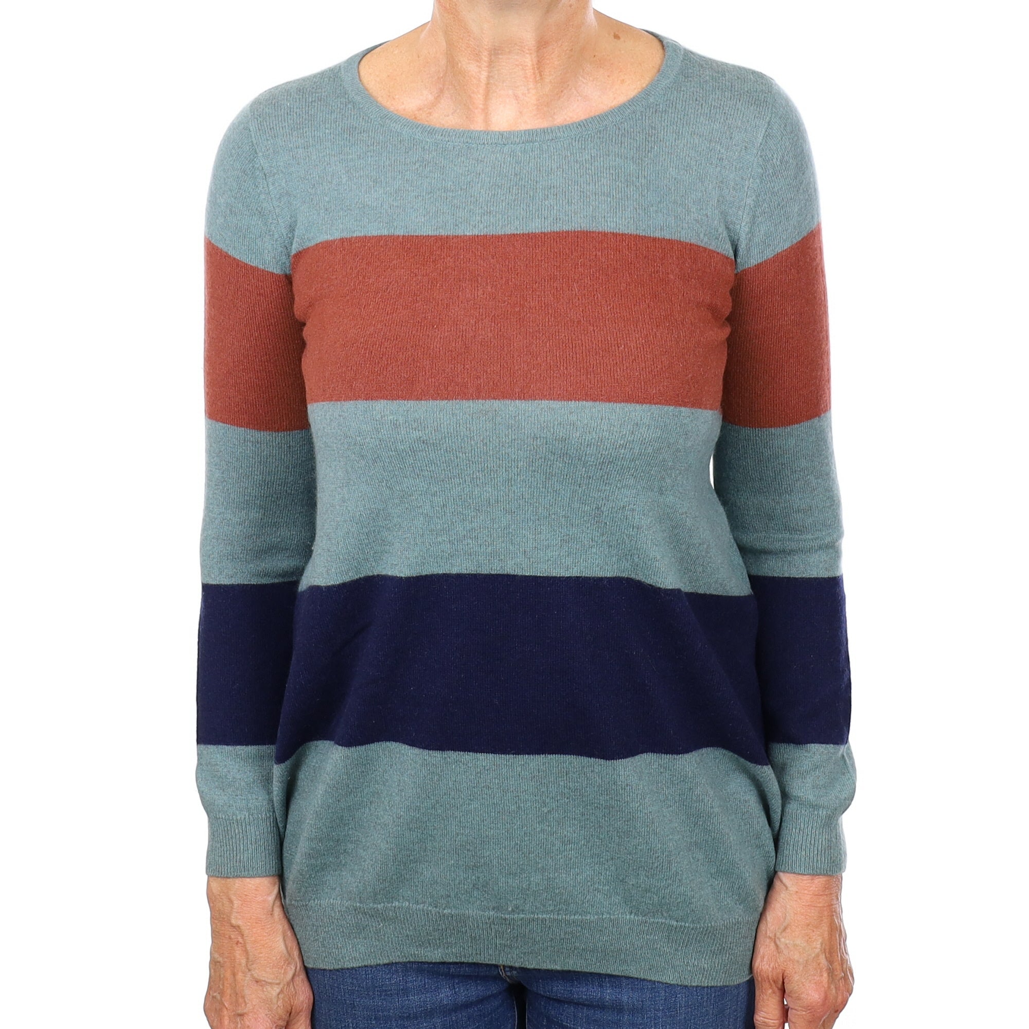 Sea Green Stripe Cashmere Longline Crew Neck Jumper Medium