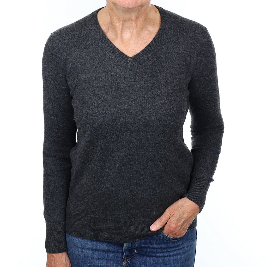 Charcoal Grey Cashmere V Neck Jumper Medium