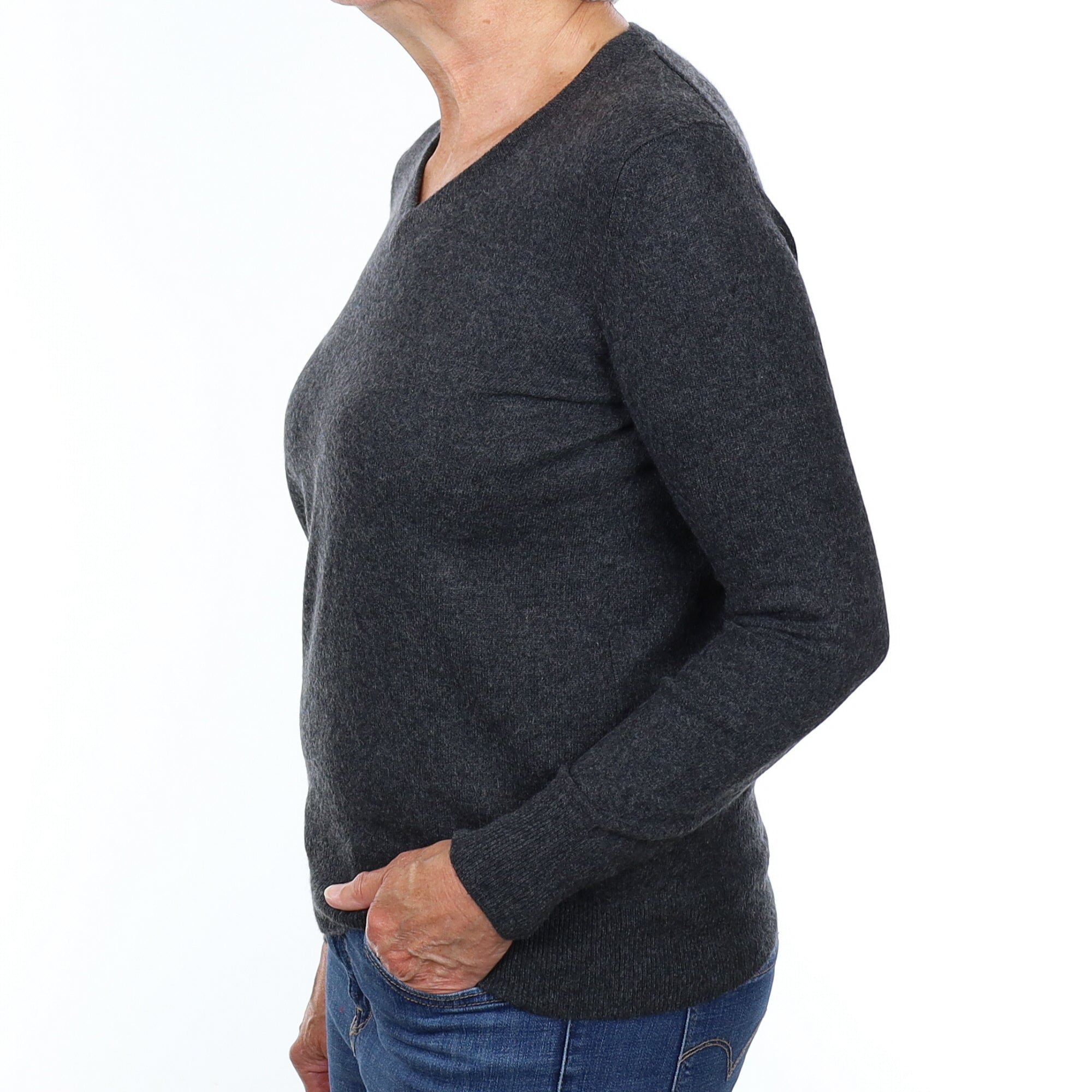 Charcoal Grey Cashmere V Neck Jumper Medium