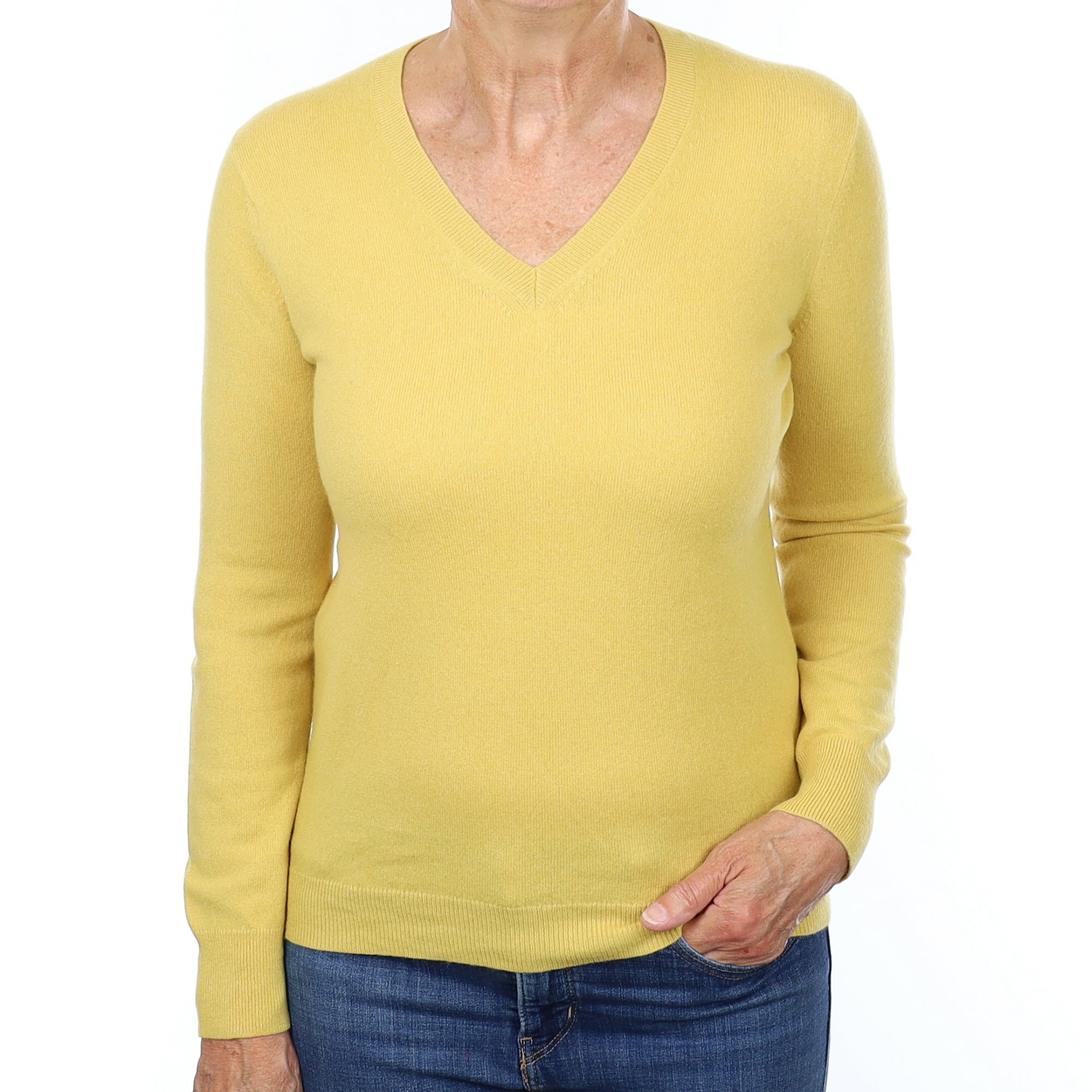 Pollen Yellow Cashmere V Neck Jumper Medium