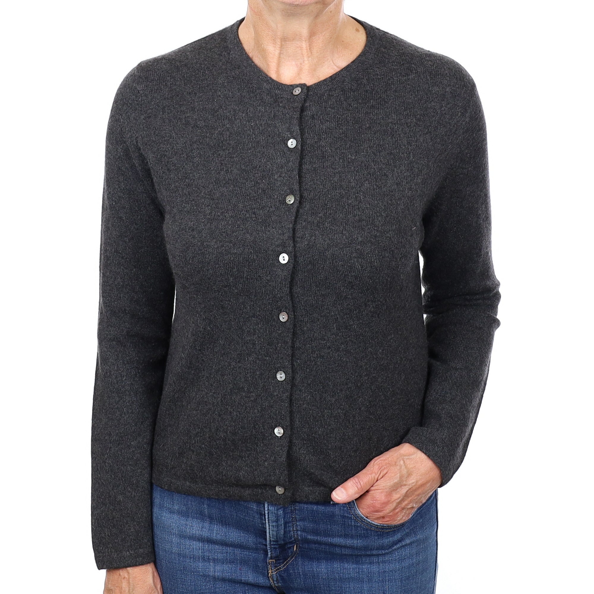 Granite Grey Cashmere Crew Neck Cardigan Medium