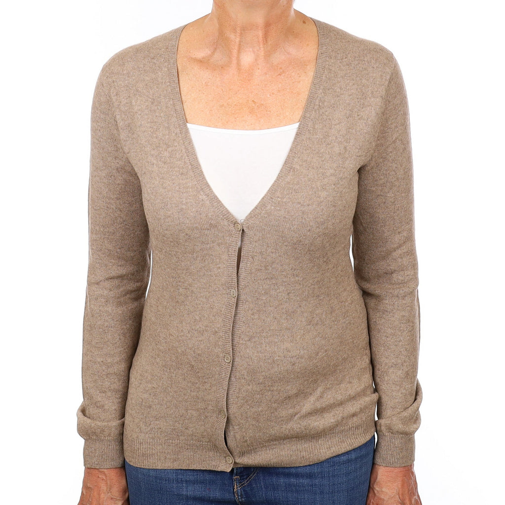 Taupe Brown Cashmere V Neck Cardigan Medium