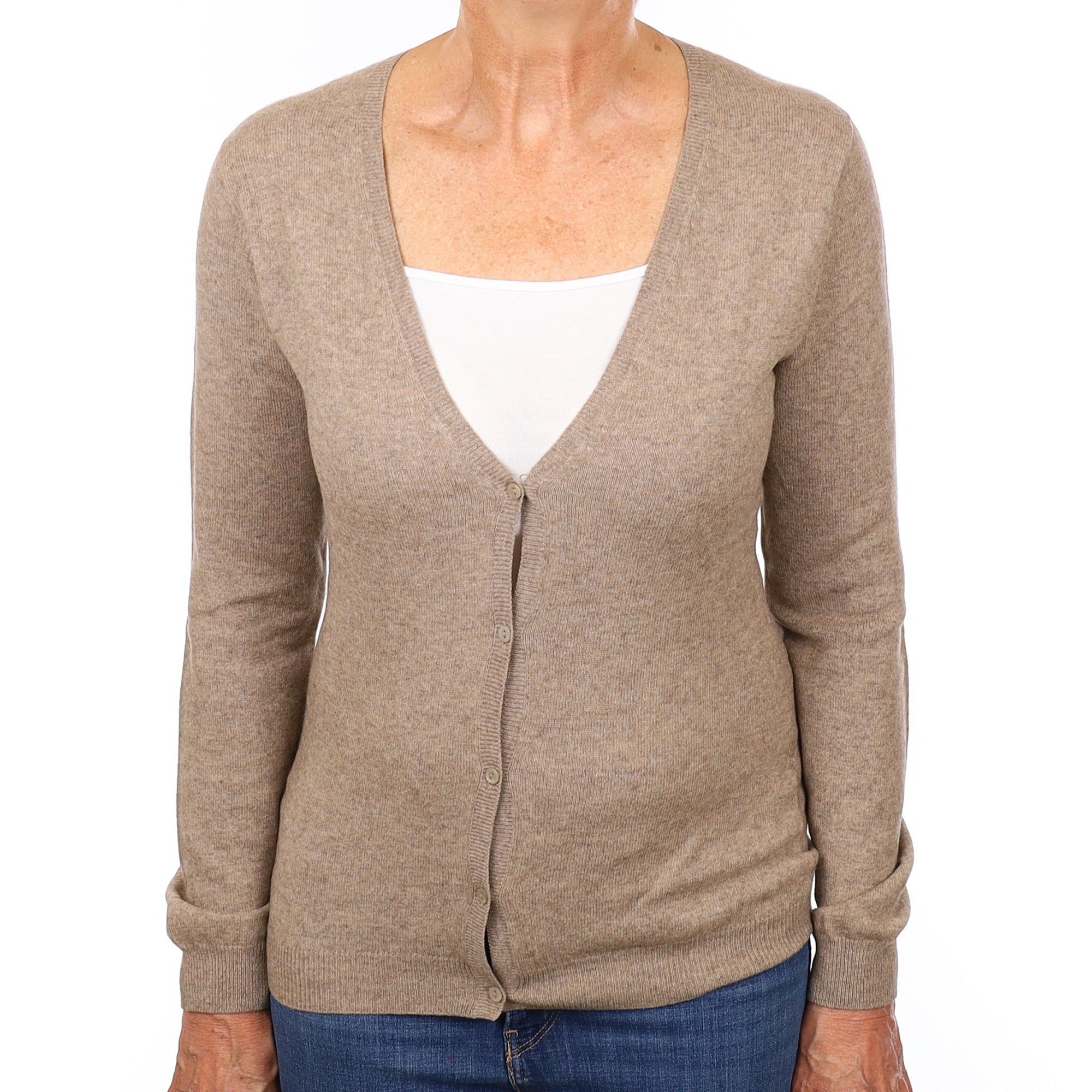 Taupe Brown Cashmere V Neck Cardigan Medium