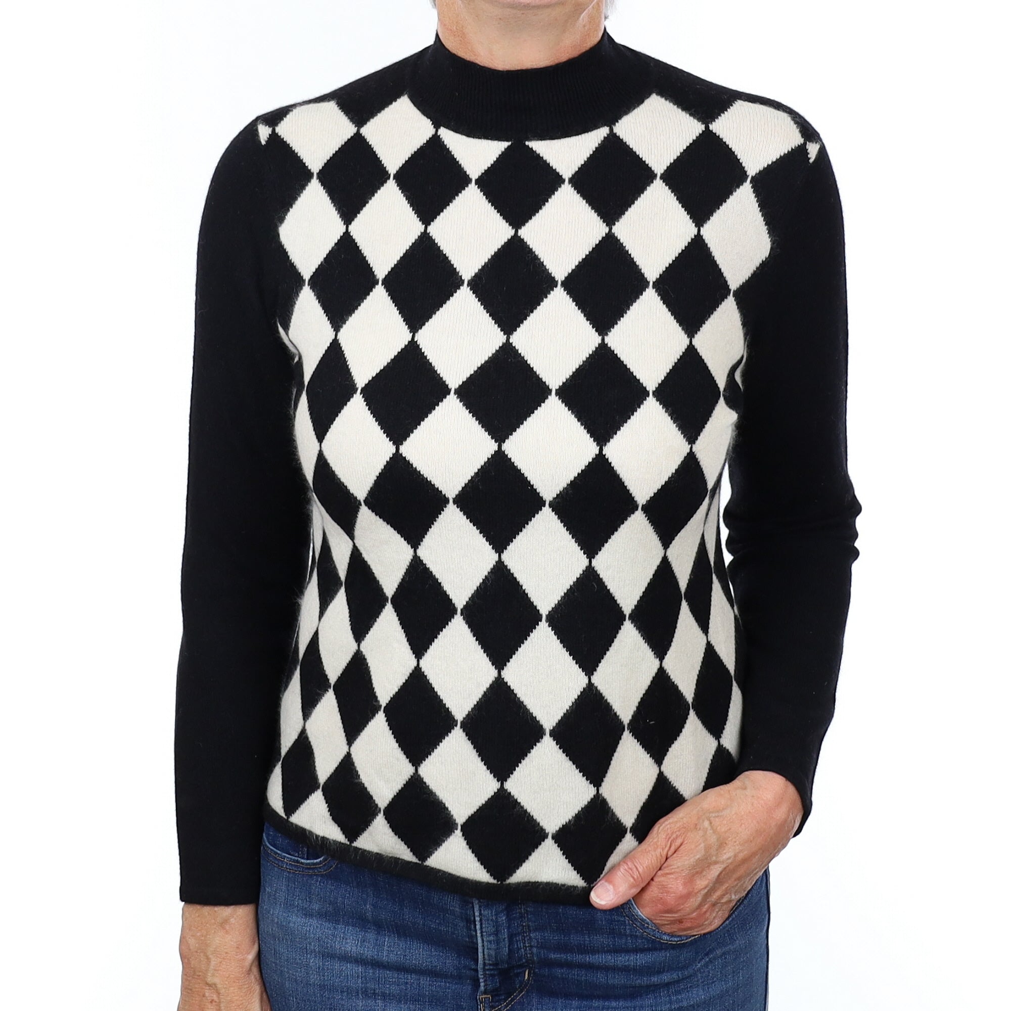 Black and Cream Diamond Cashmere Turtleneck Jumper Medium