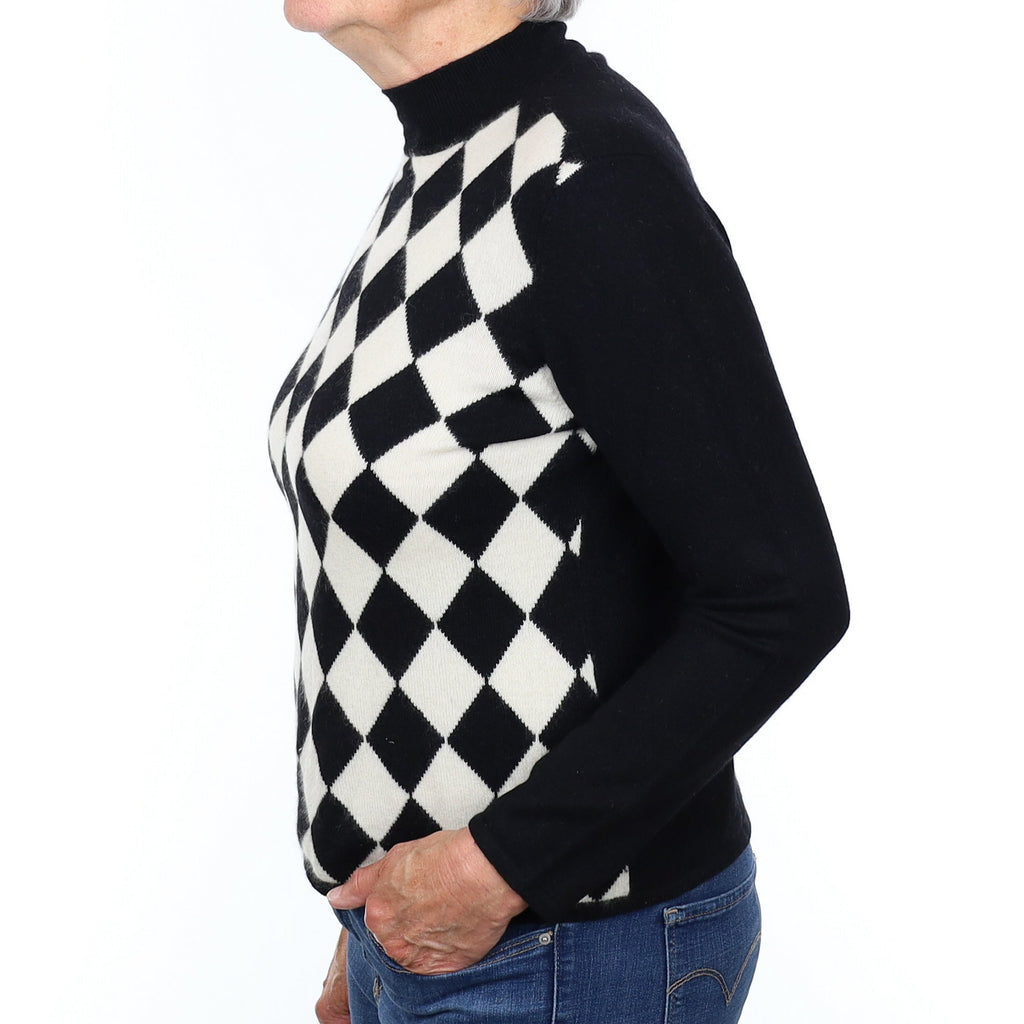 Black and Cream Diamond Cashmere Turtleneck Jumper Medium