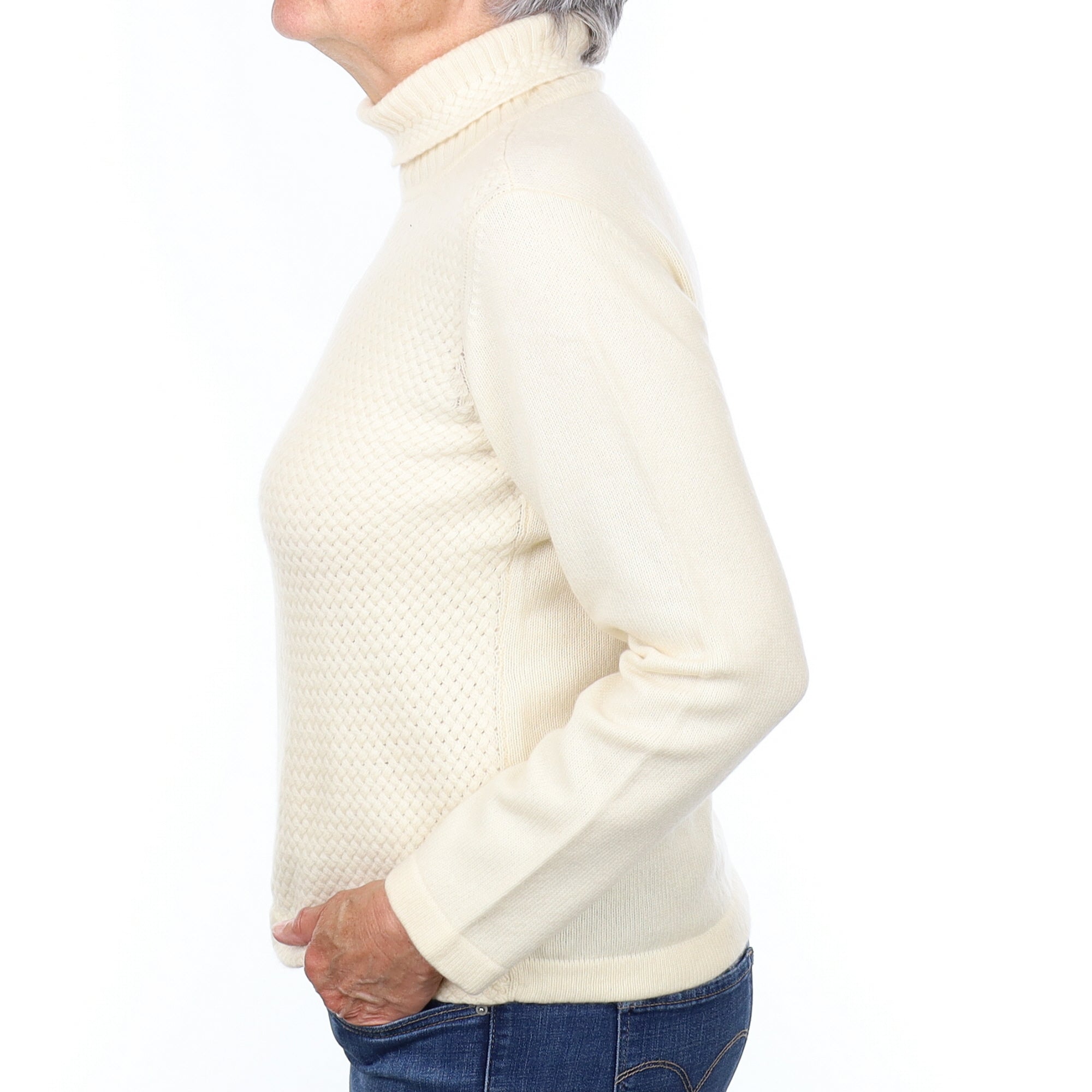 Vanilla Cream Textured Cashmere Polo Neck Jumper Medium