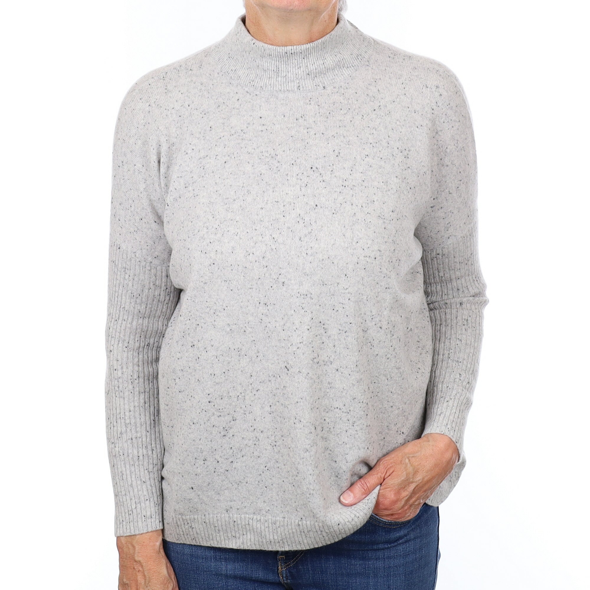 Grey Flecked Cashmere Slouchy Turtleneck Jumper Medium