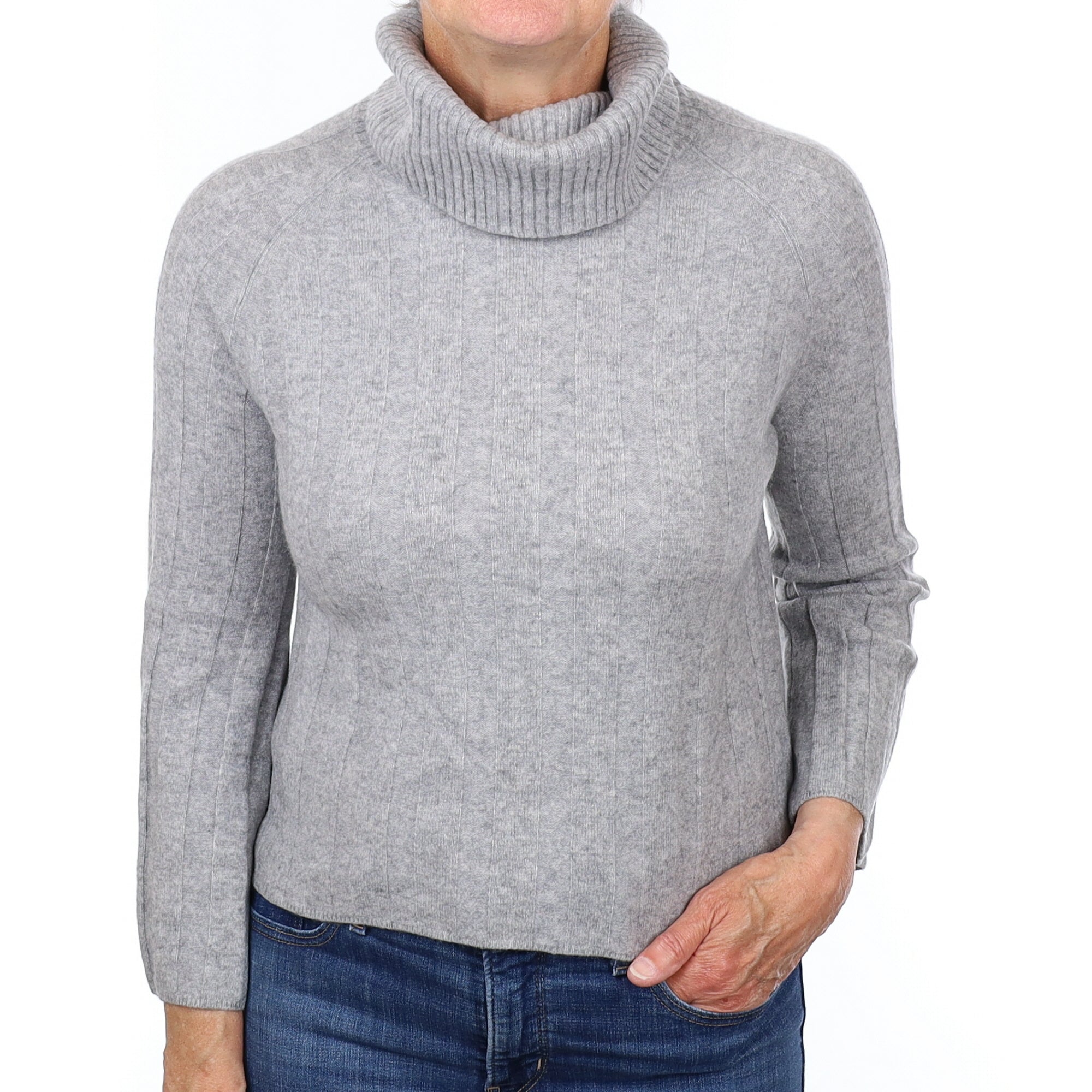 Smoke Grey Rib Cashmere Polo Neck Jumper Medium