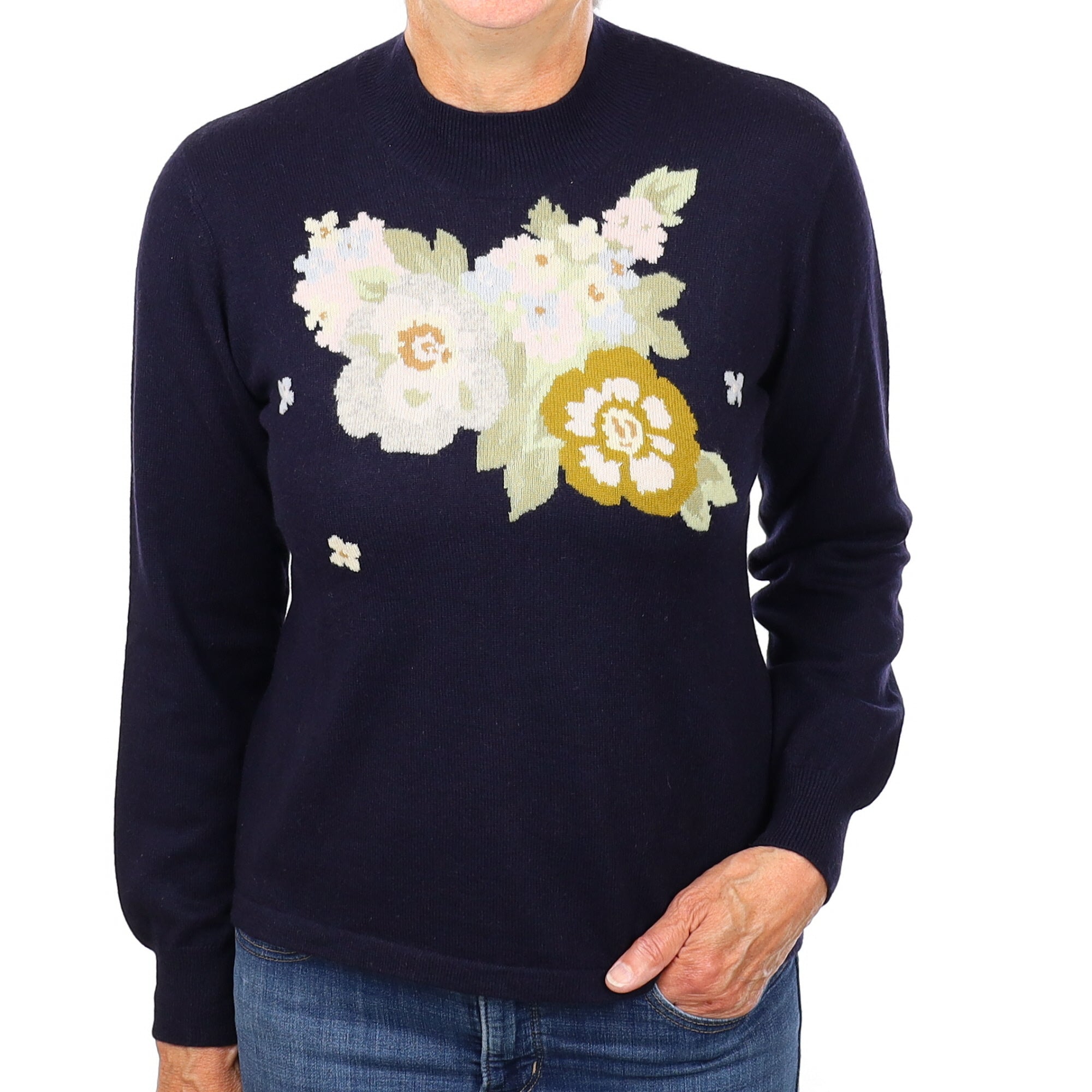 Navy Floral Cashmere Turtleneck Jumper Medium