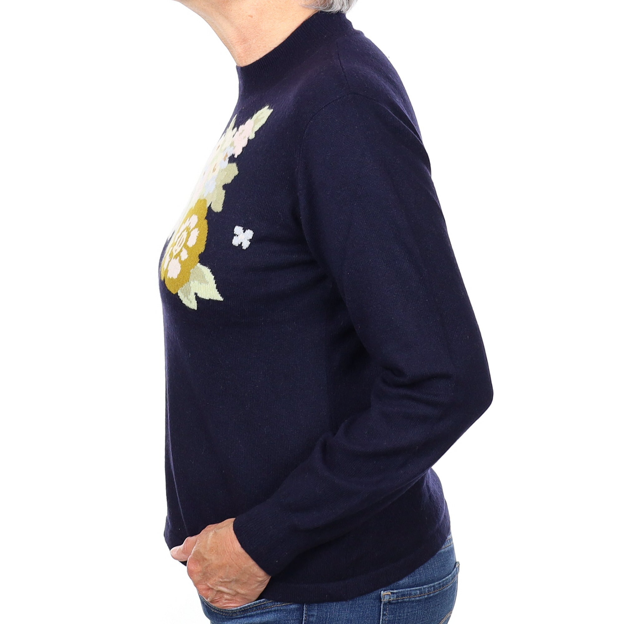 Navy Floral Cashmere Turtleneck Jumper Medium