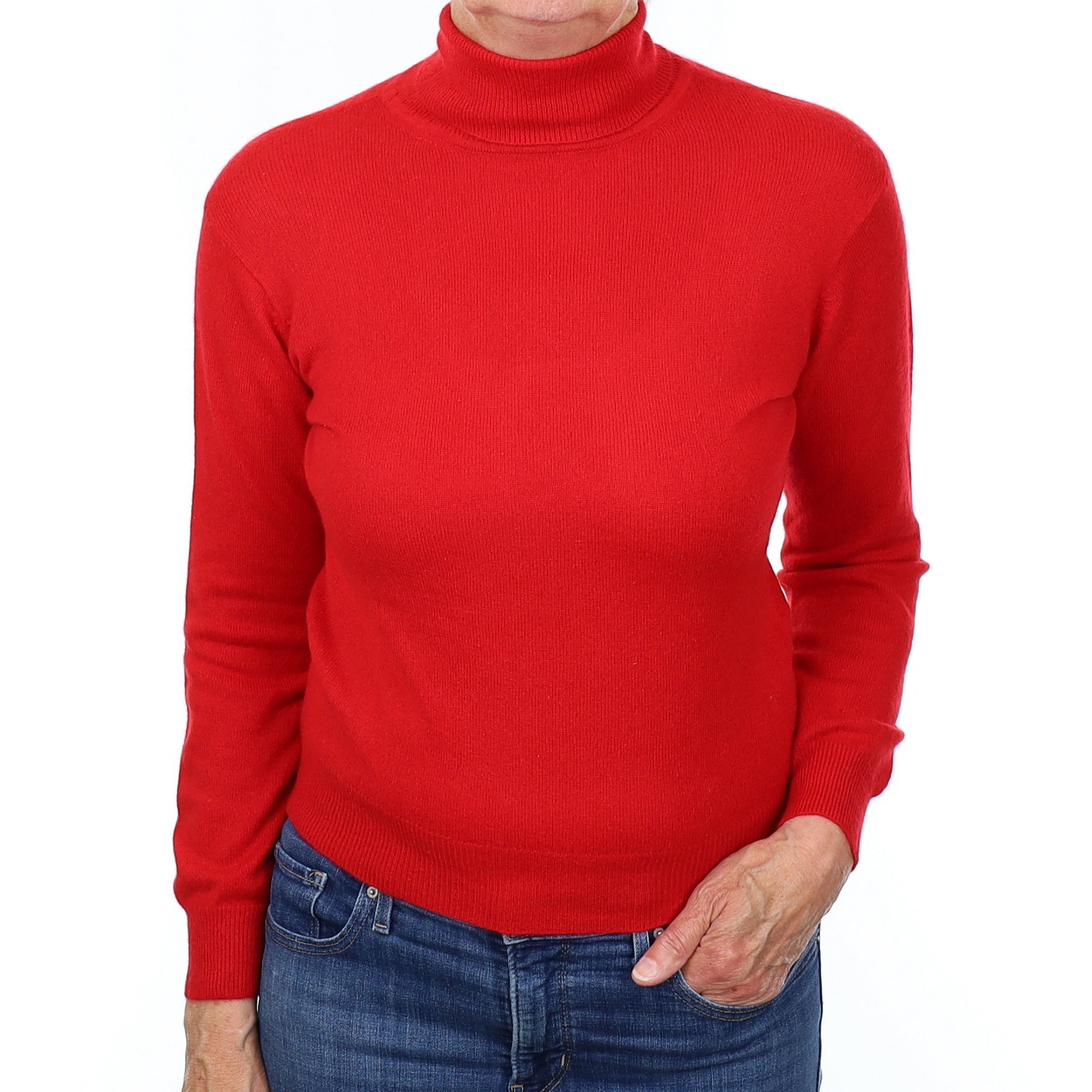 Scarlet Red Cashmere Polo Neck Jumper Medium