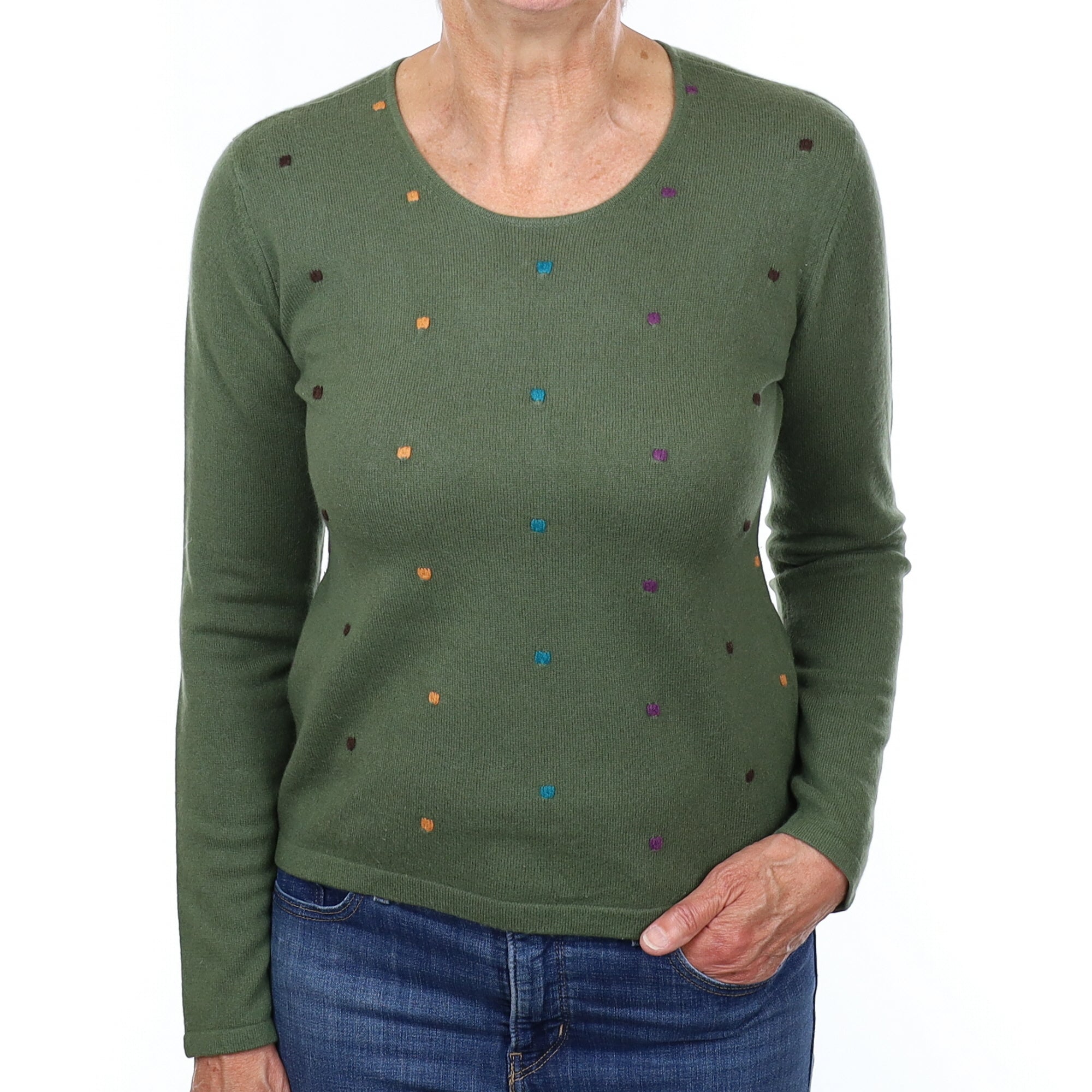 Green Polka Dot Cashmere Crew Neck Jumper Medium