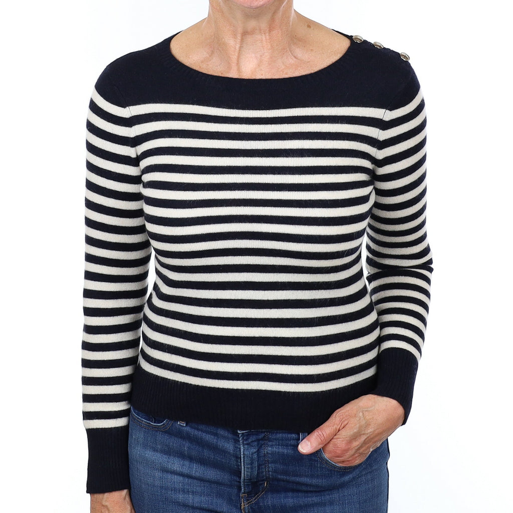 Navy and Ivory Stripe Cashmere Crew Neck Jumper Medium