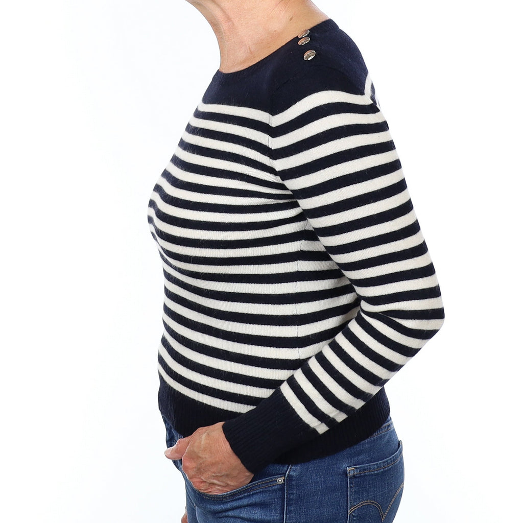 Navy and Ivory Stripe Cashmere Crew Neck Jumper Medium