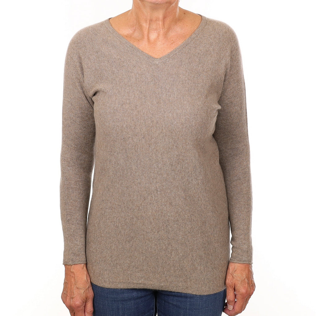 Taupe Brown Cashmere Batwing V Neck Jumper Medium