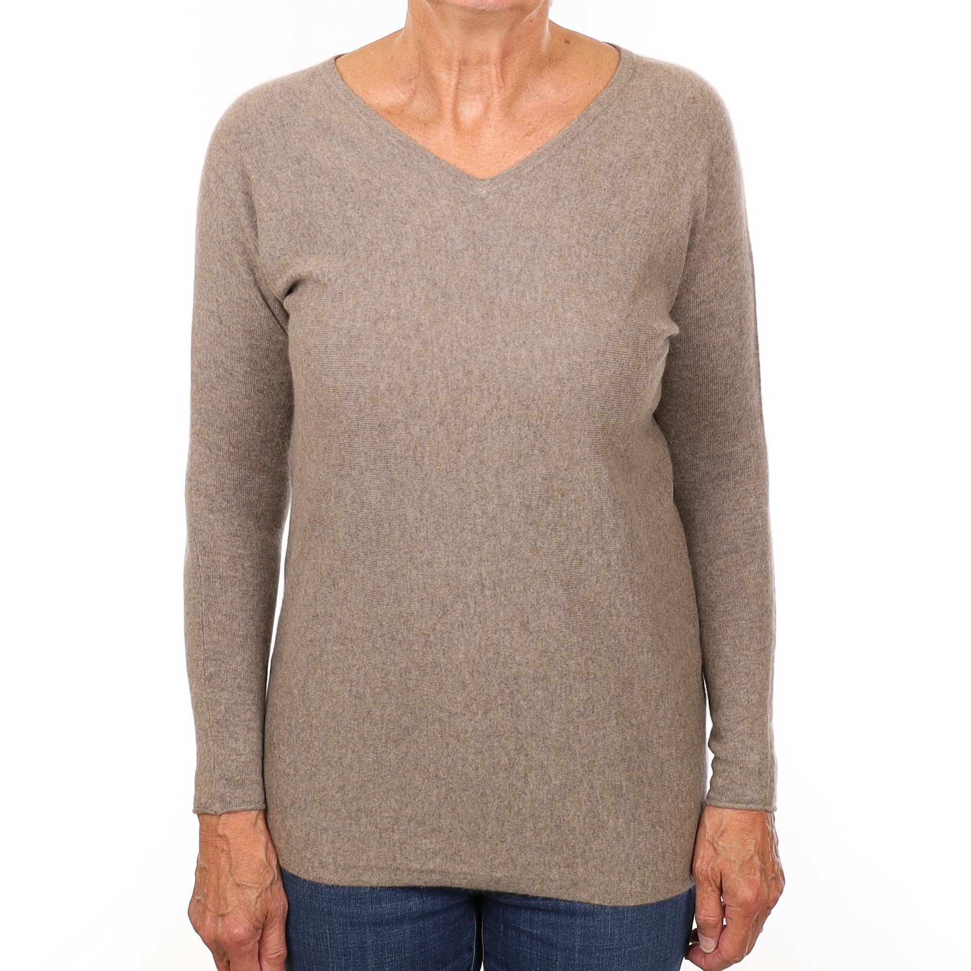 Taupe Brown Cashmere Batwing V Neck Jumper Medium