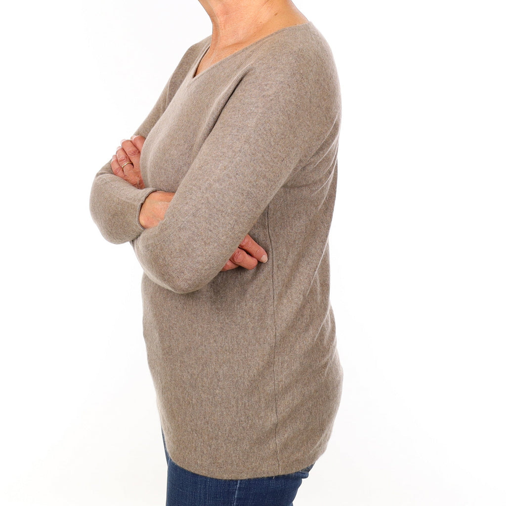 Taupe Brown Cashmere Batwing V Neck Jumper Medium