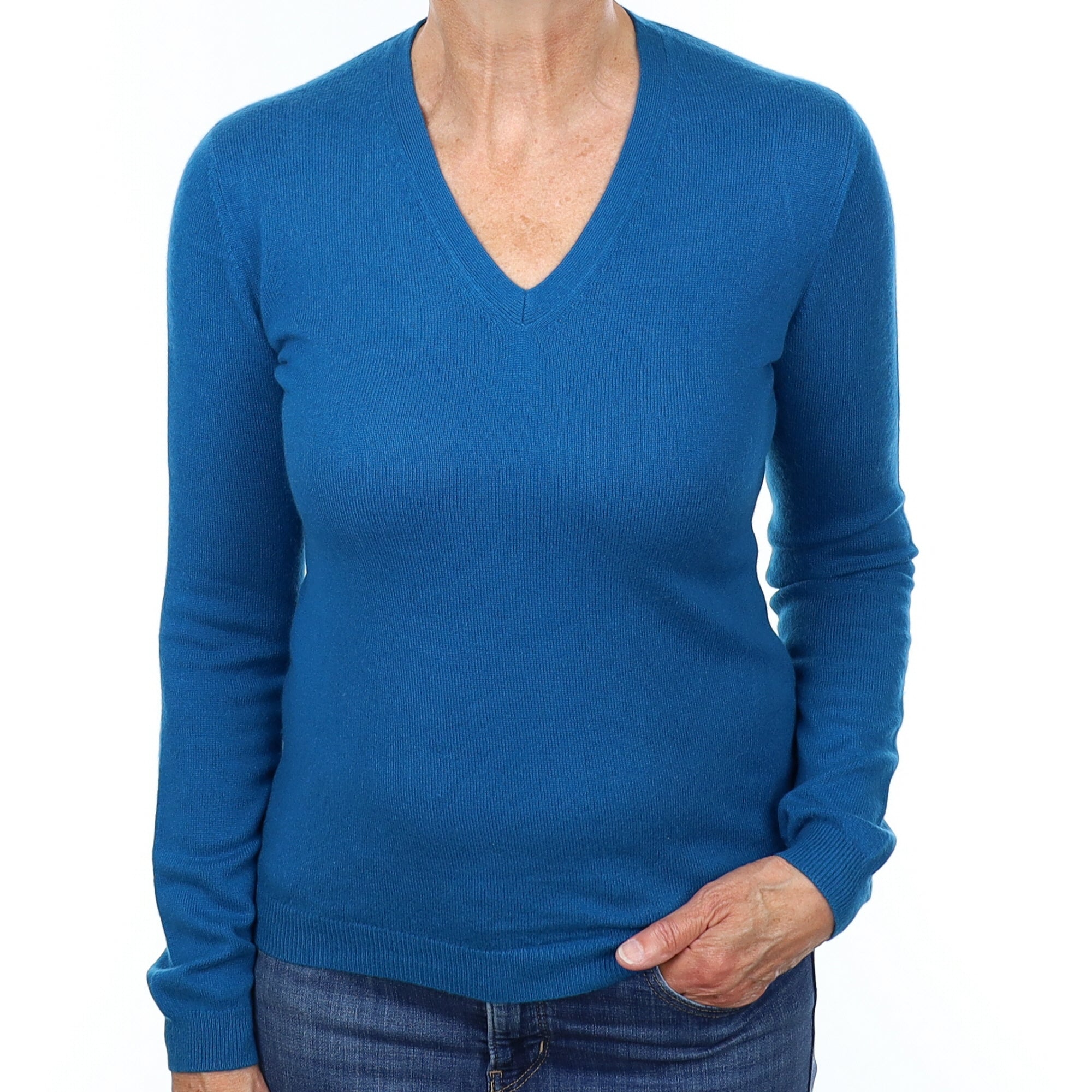 Teal Cashmere V Neck Jumper Medium