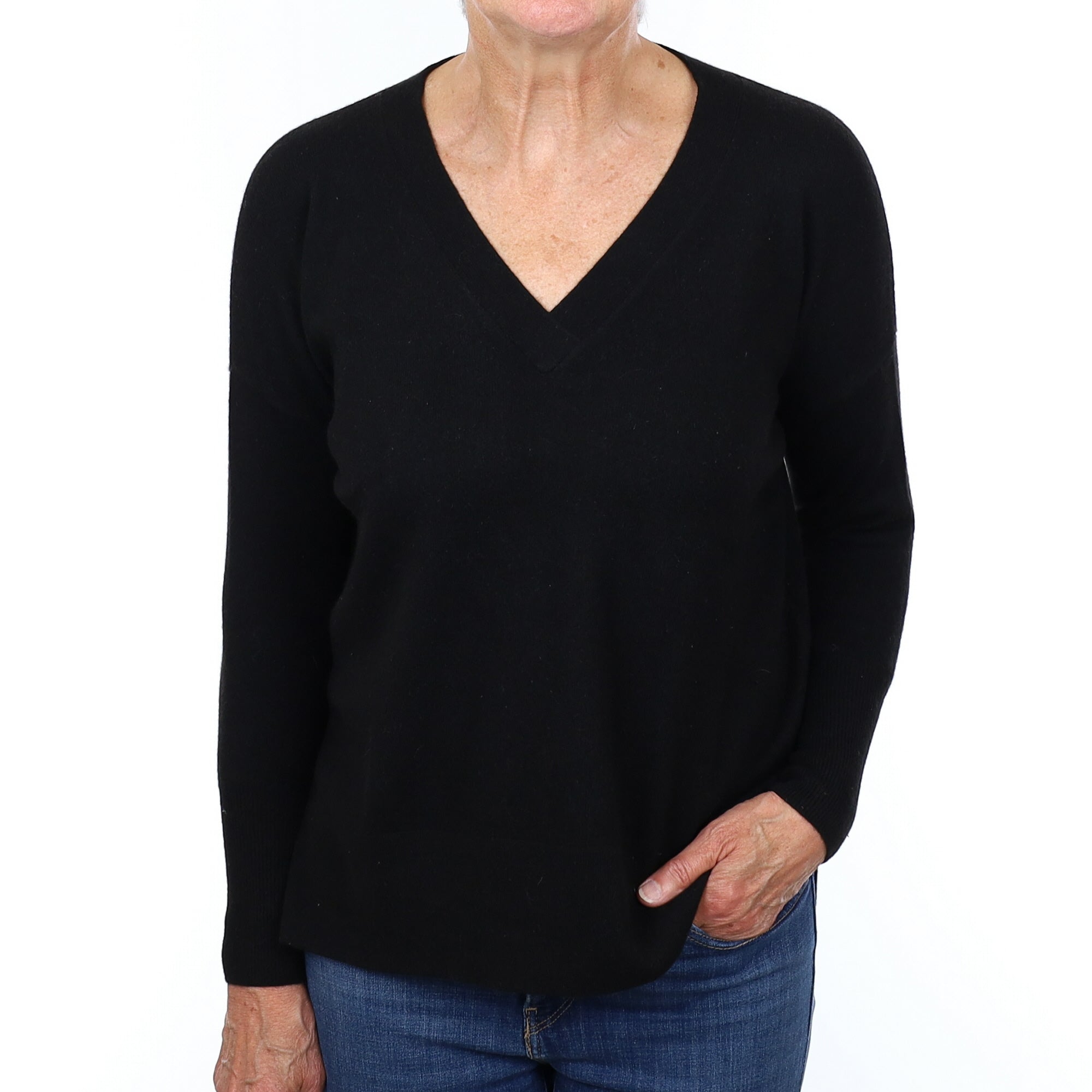 Black Cashmere Boxy V Neck Jumper Medium