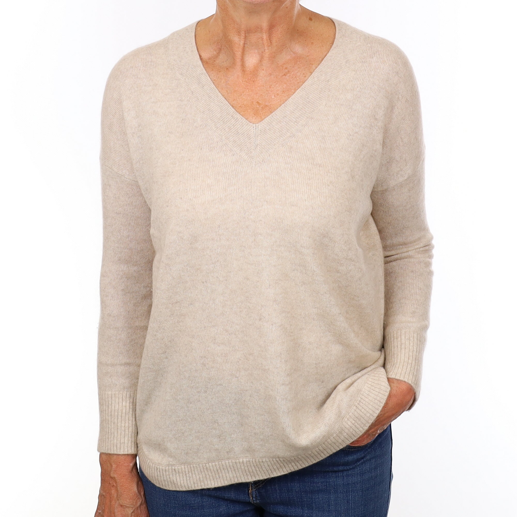White Label Oatmeal Cashmere V Neck Jumper Medium
