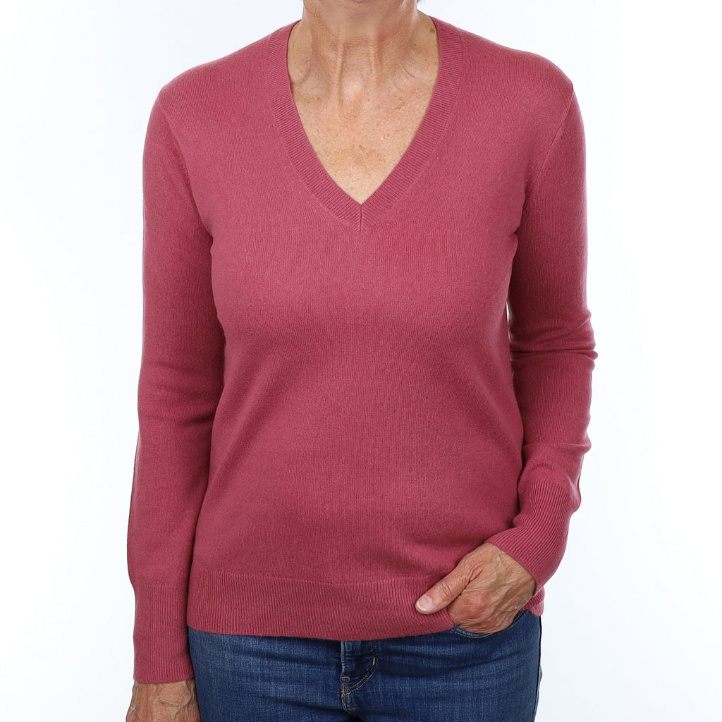 Heather Pink Cashmere V Neck Jumper Medium