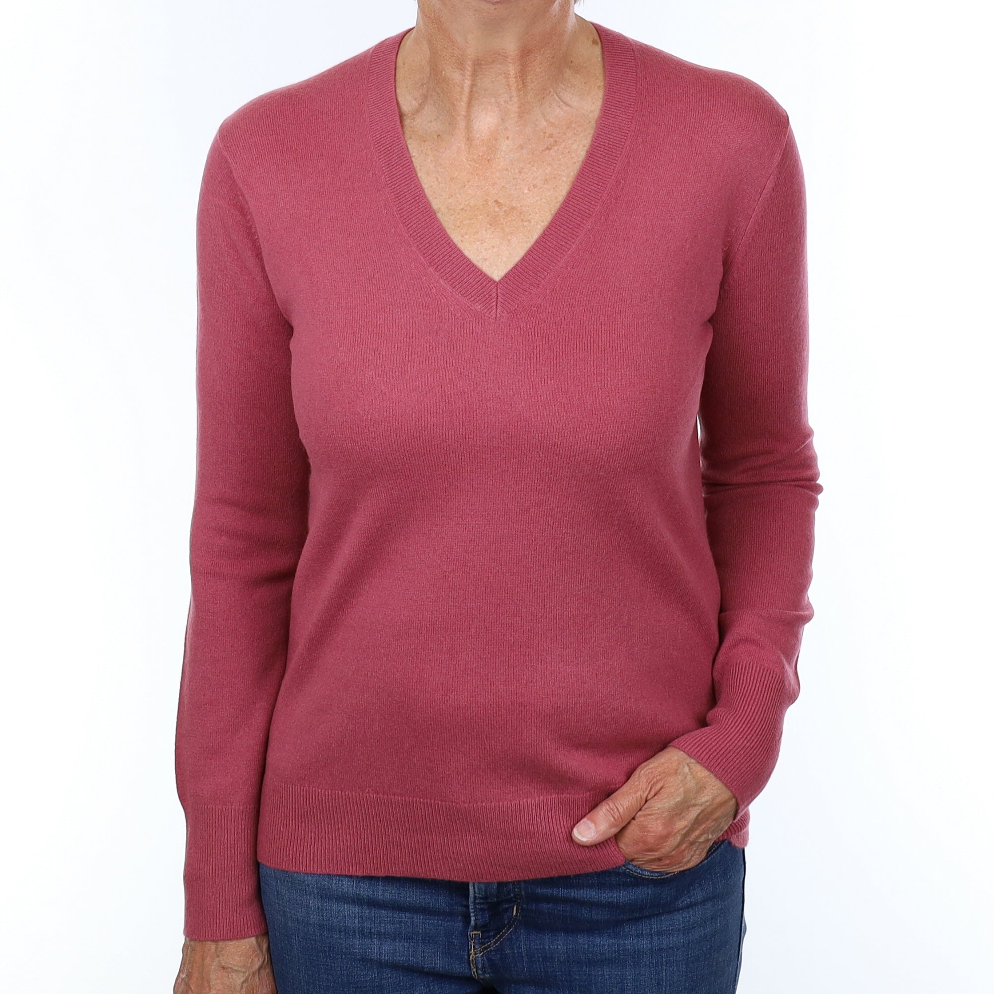 Heather Pink Cashmere V Neck Jumper Medium