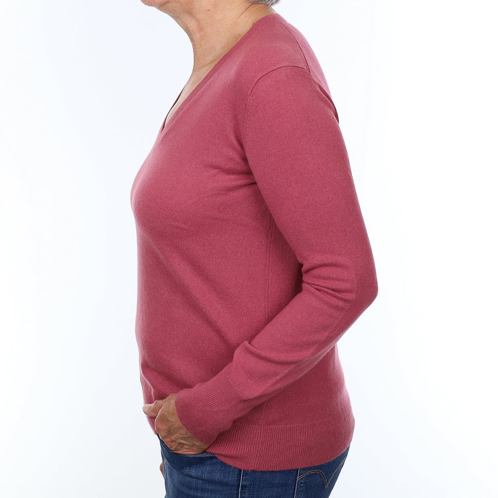 Heather Pink Cashmere V Neck Jumper Medium