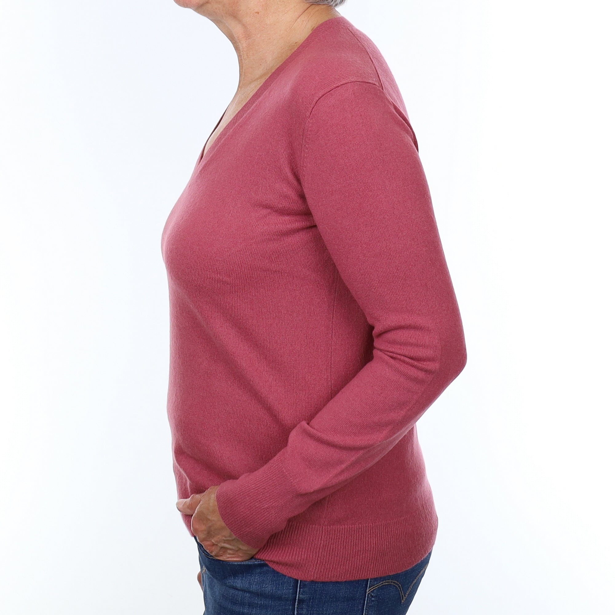 Heather Pink Cashmere V Neck Jumper Medium