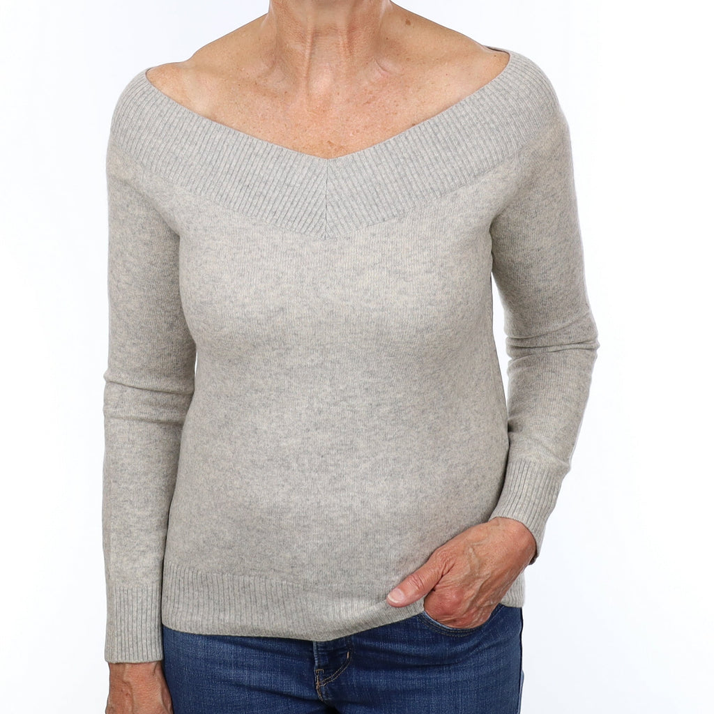 Smoke Grey Cashmere Wide V Neck Jumper Medium