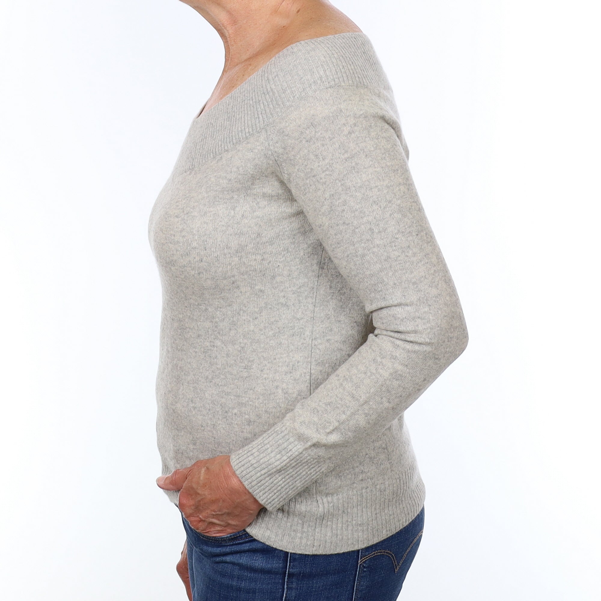 Smoke Grey Cashmere Wide V Neck Jumper Medium