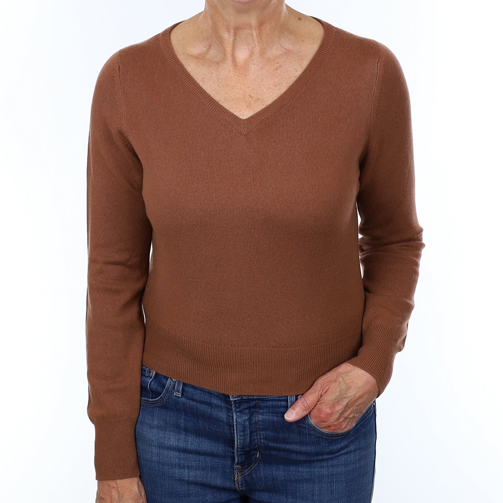 N Peal Chestnut Brown Cashmere V Neck Jumper Medium