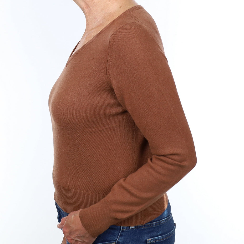 N Peal Chestnut Brown Cashmere V Neck Jumper Medium