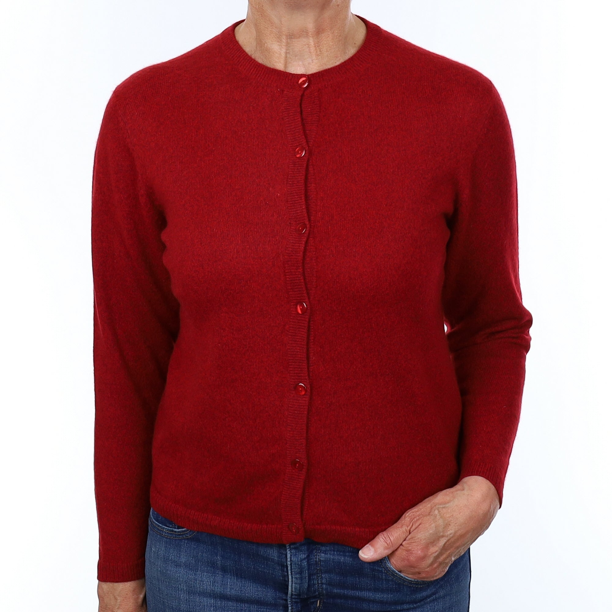 Crimson Red Marl Cashmere Crew Neck Cardigan Medium