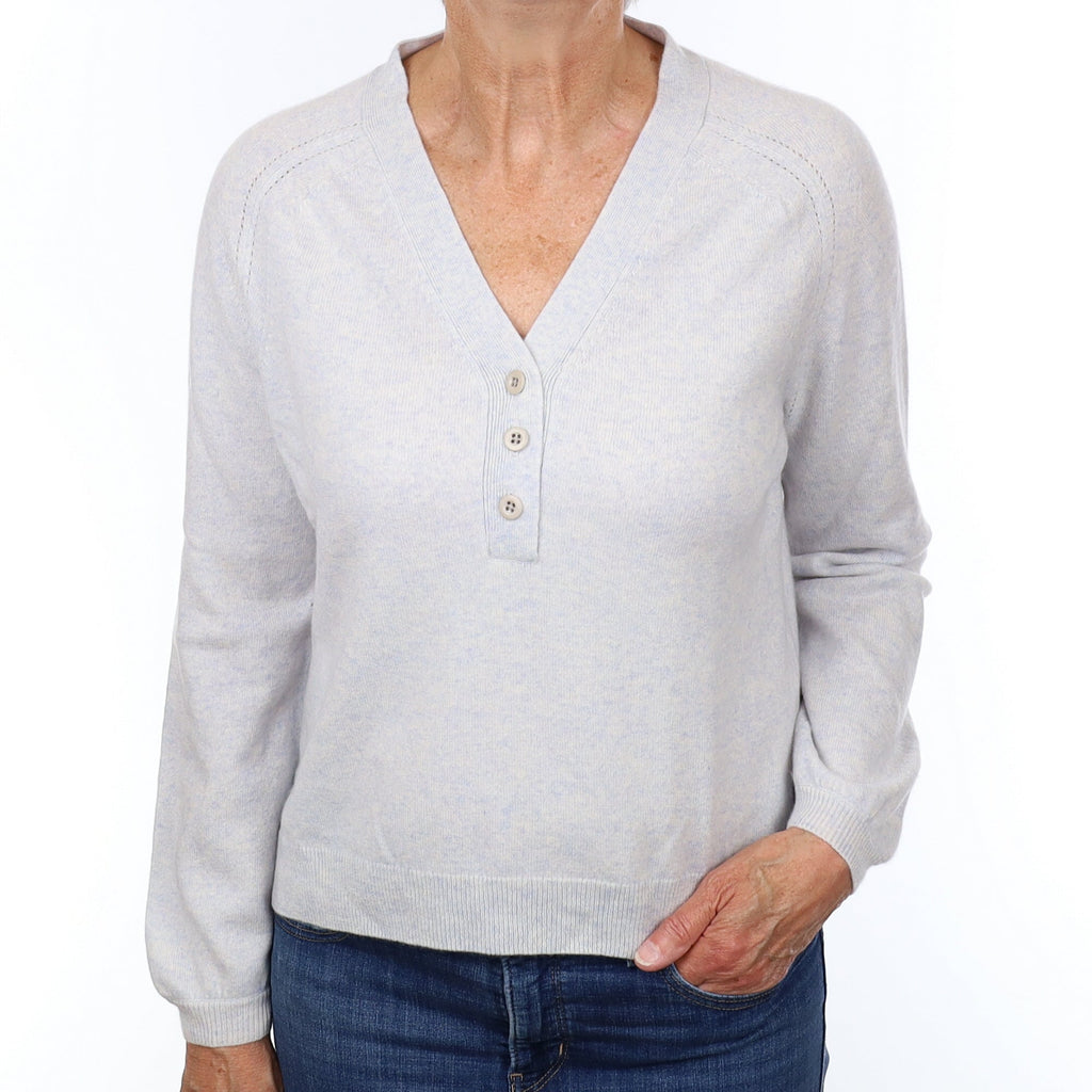 Blue Marl Cashmere Buttoned V Neck Jumper Medium