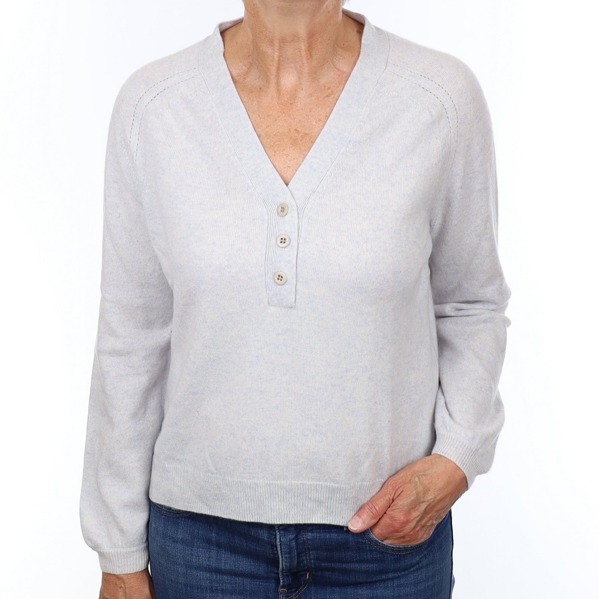 Blue Marl Cashmere Buttoned V Neck Jumper Medium