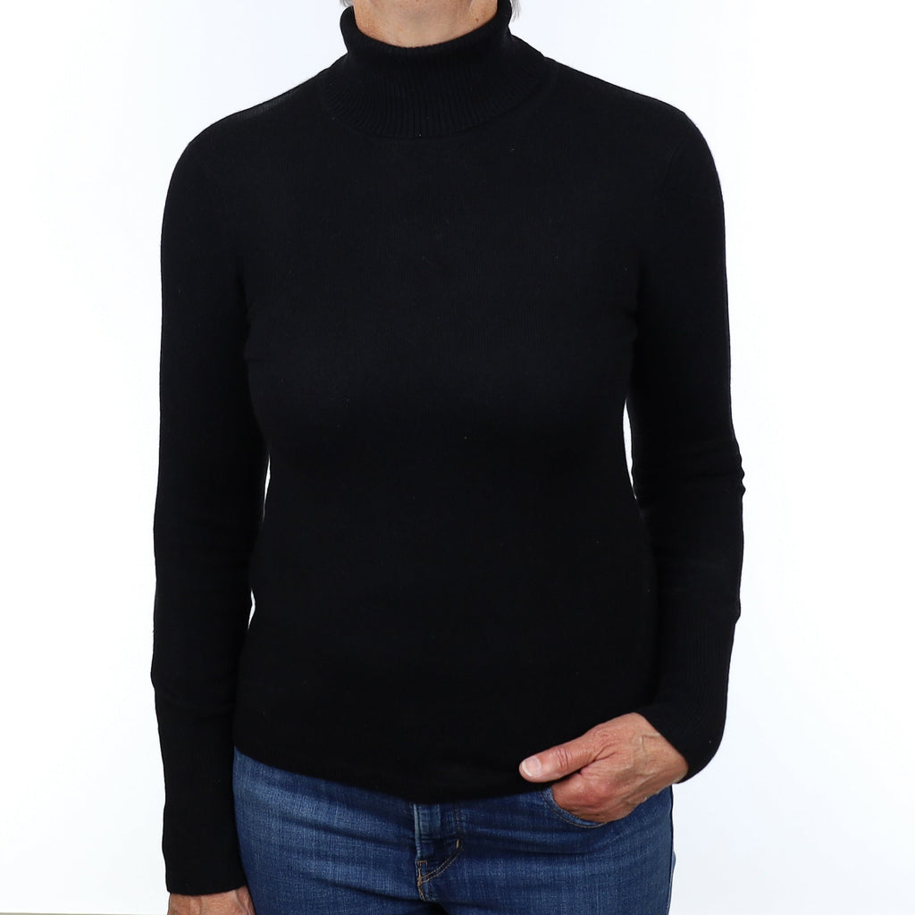 Black Cashmere Polo Neck Jumper Medium