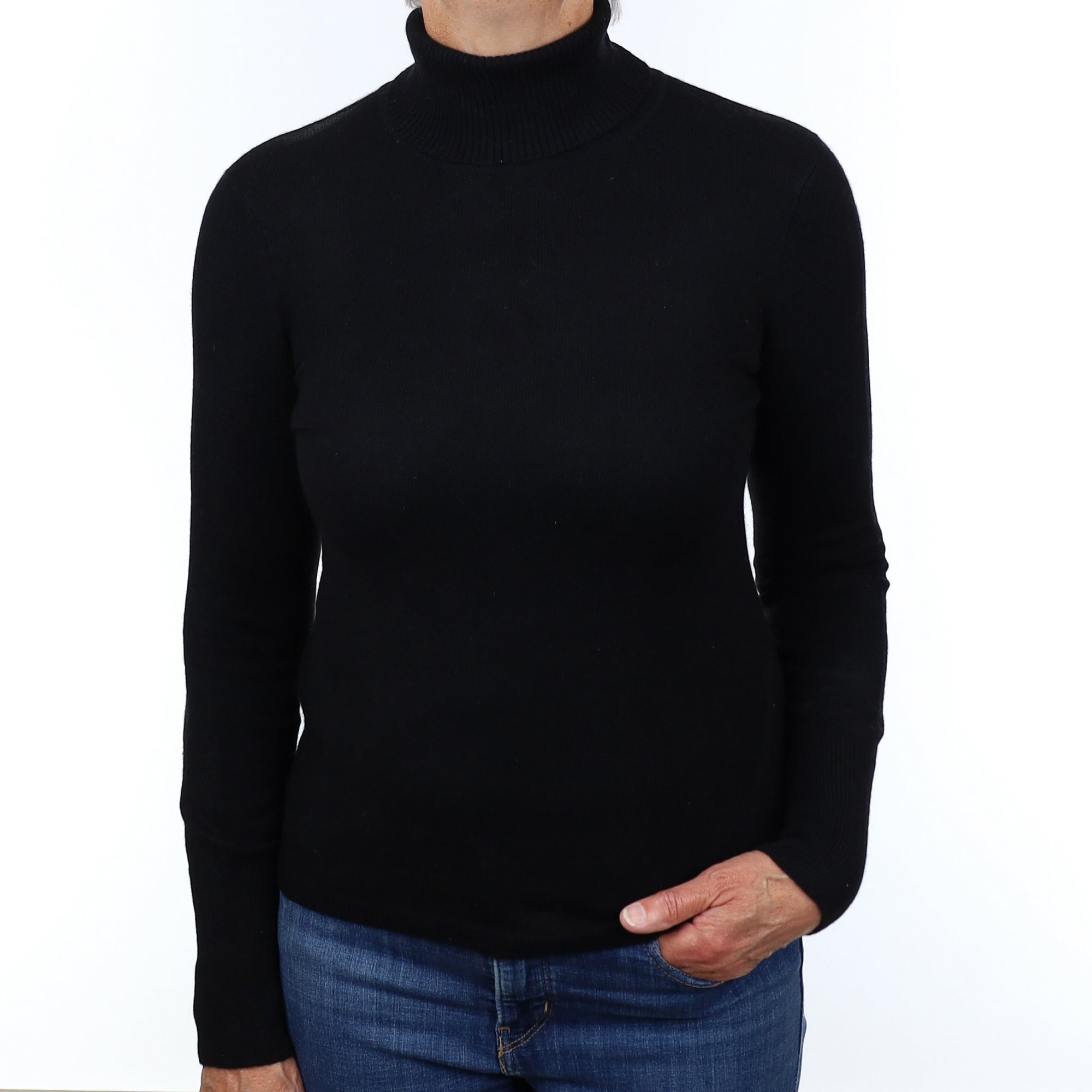 Black Cashmere Polo Neck Jumper Medium