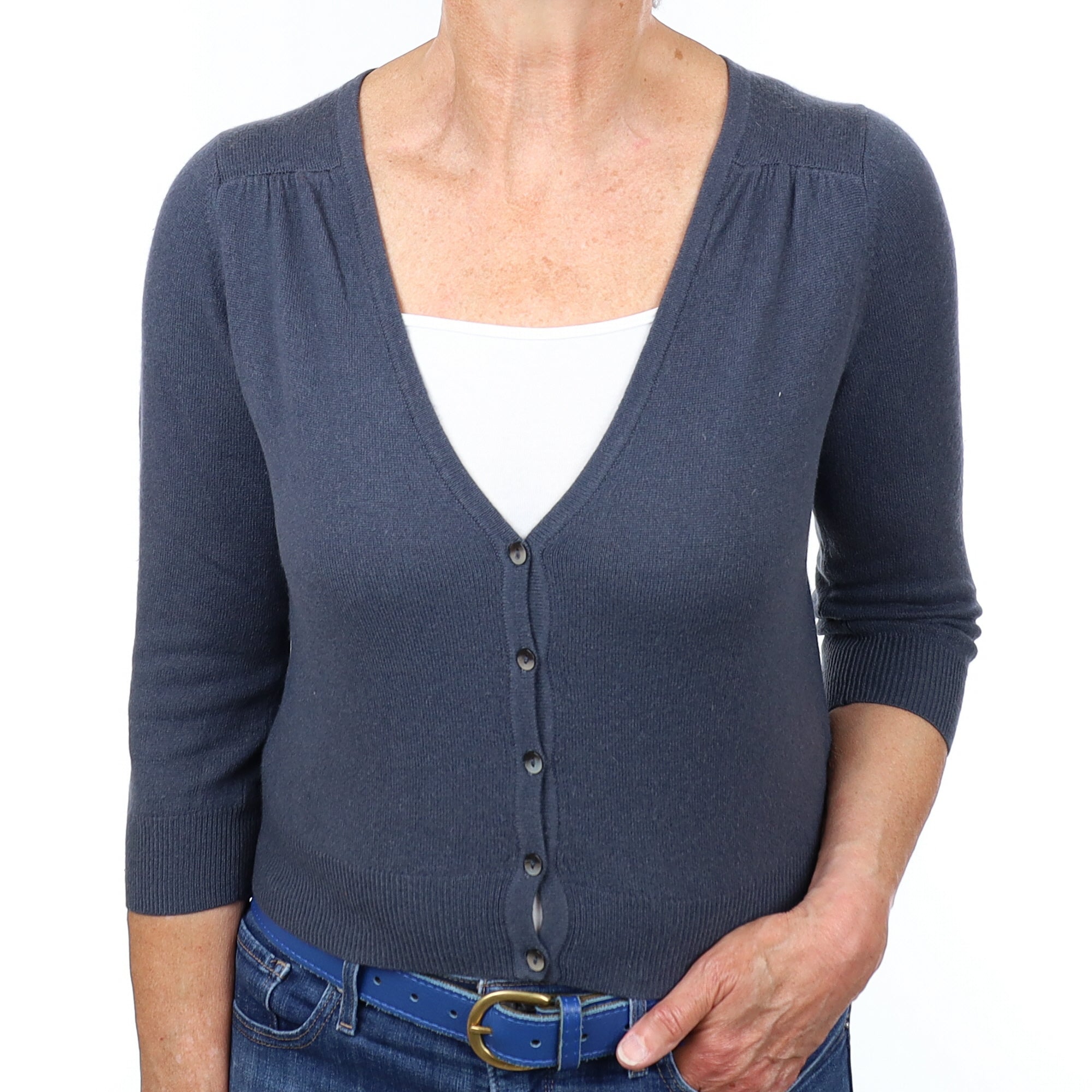 Pebble Grey Cashmere Cropped V Neck Cardigan Medium