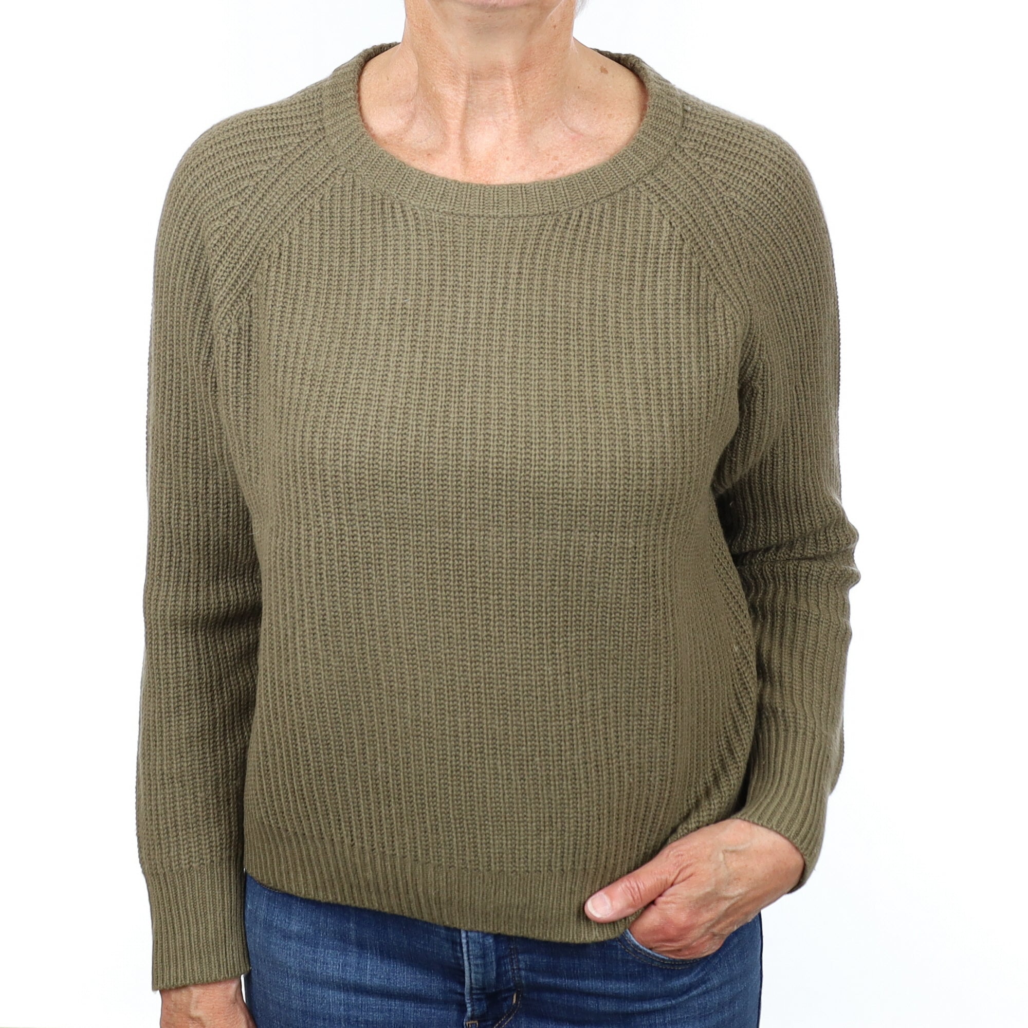 Khaki Green Chunky Cashmere Crew Neck Jumper Medium