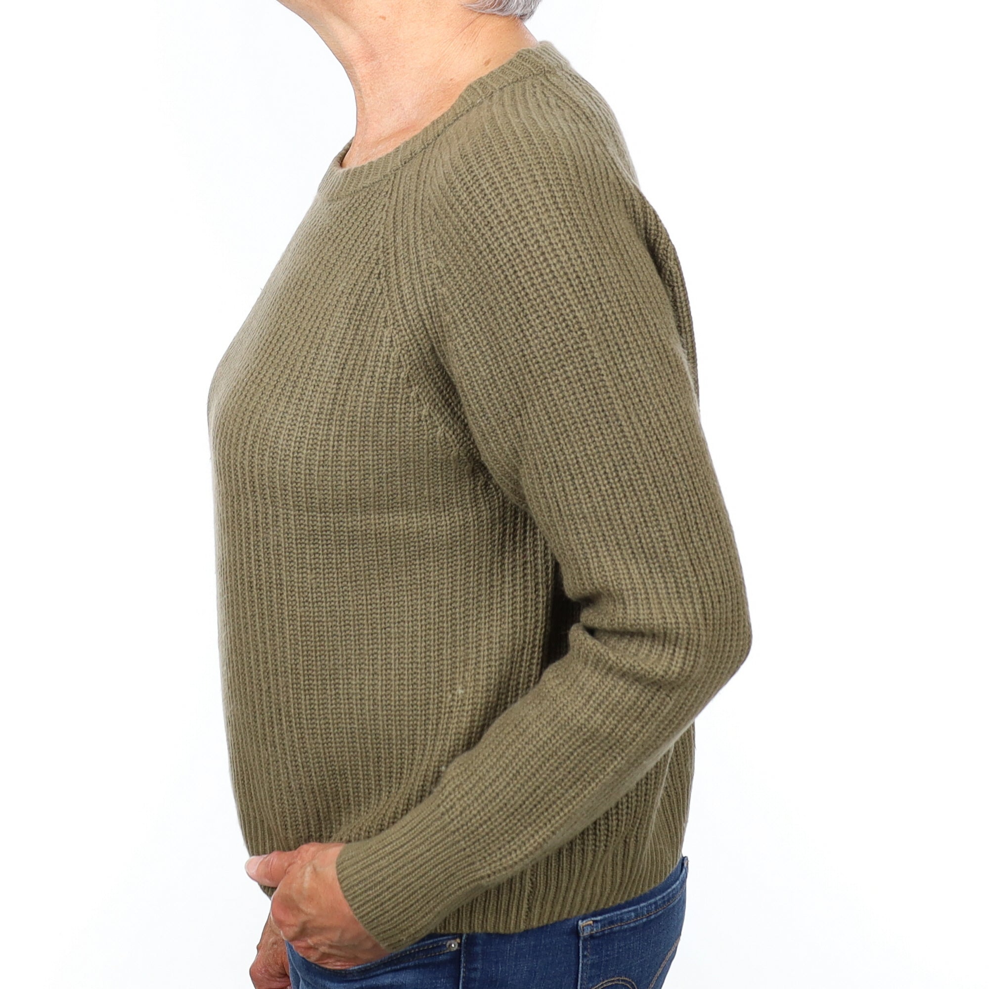 Khaki Green Chunky Cashmere Crew Neck Jumper Medium