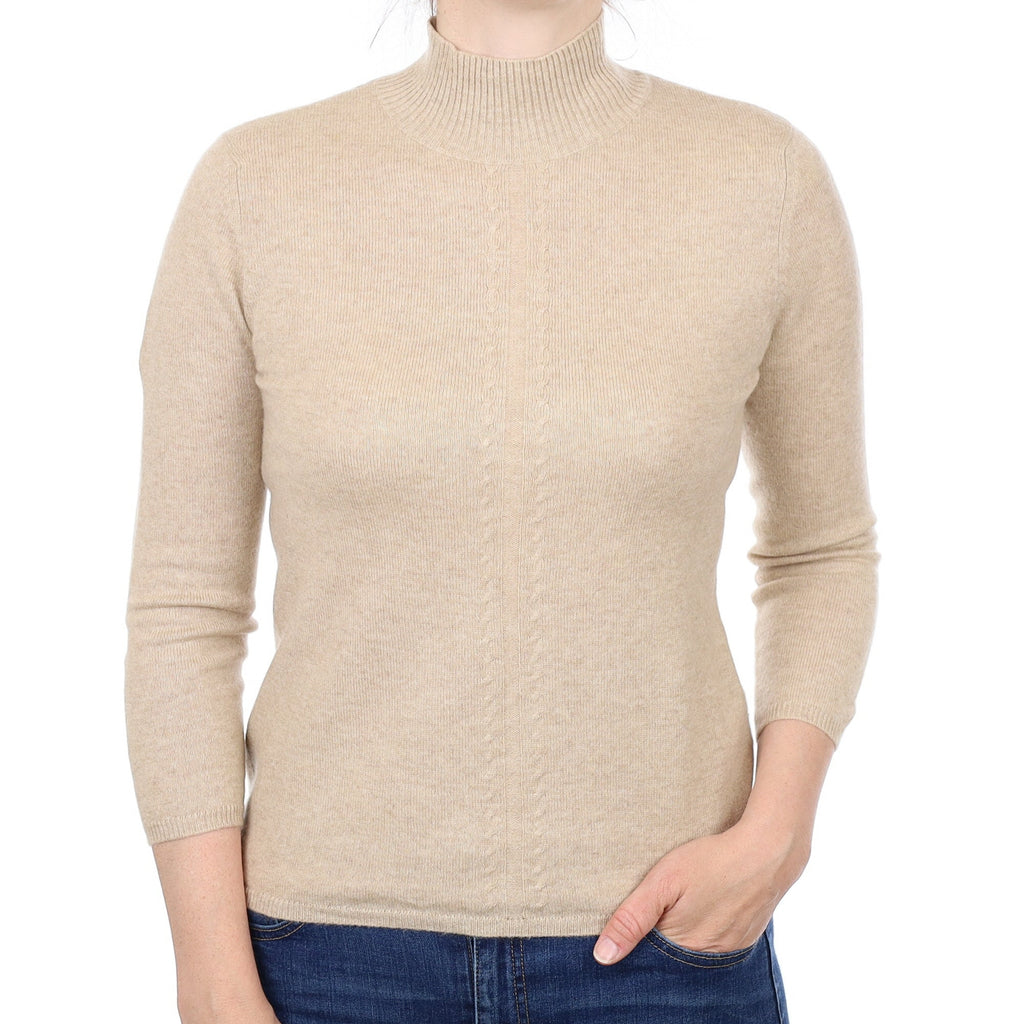 Honey Beige Cashmere 3/4 Sleeve Turtle Neck Jumper Small