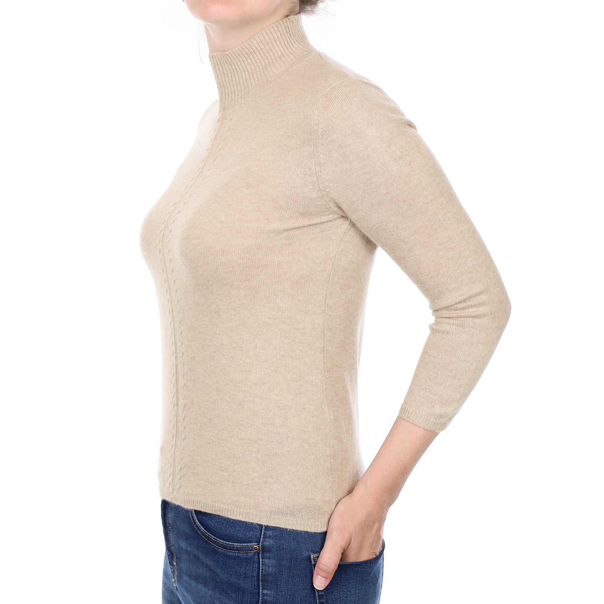Honey Beige Cashmere 3/4 Sleeve Turtle Neck Jumper Small