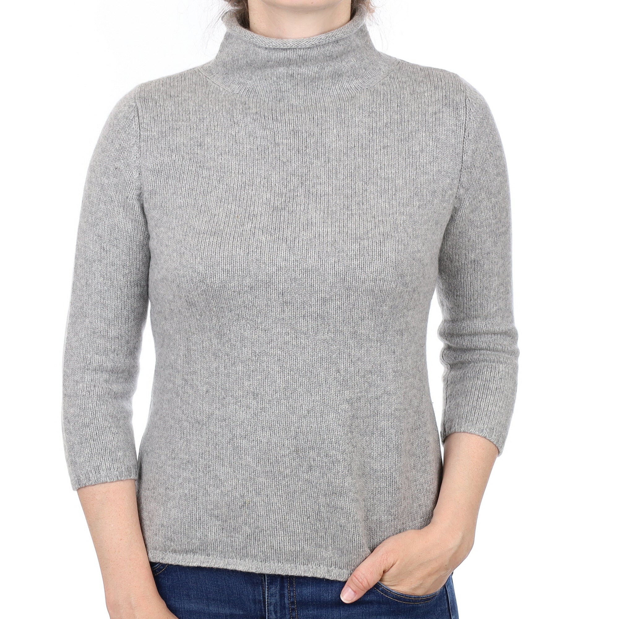 Smoke Grey Cashmere 3/4 sleeve Funnel Neck Jumper Small