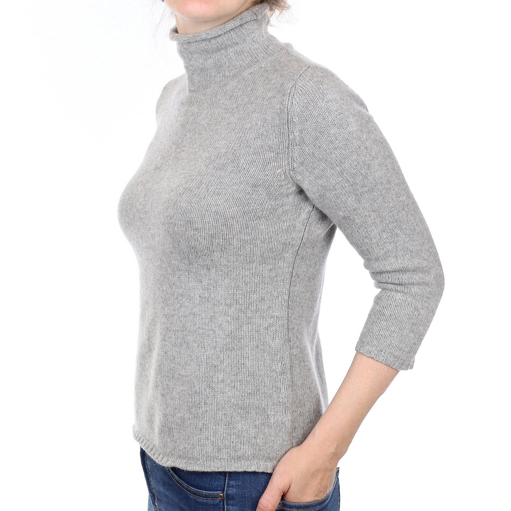 Smoke Grey Cashmere 3/4 sleeve Funnel Neck Jumper Small