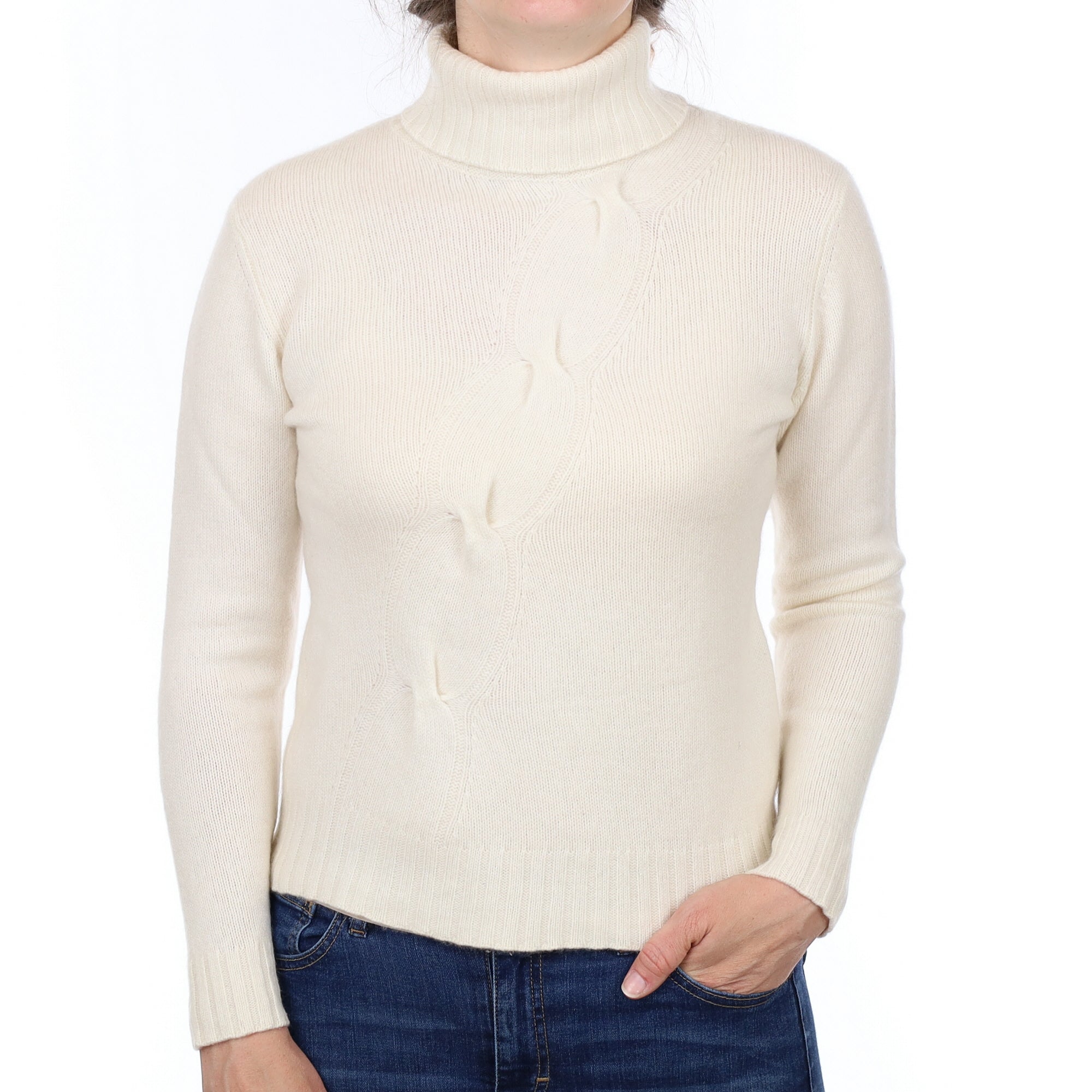 Winter White Textured Cashmere Polo Neck Jumper Small
