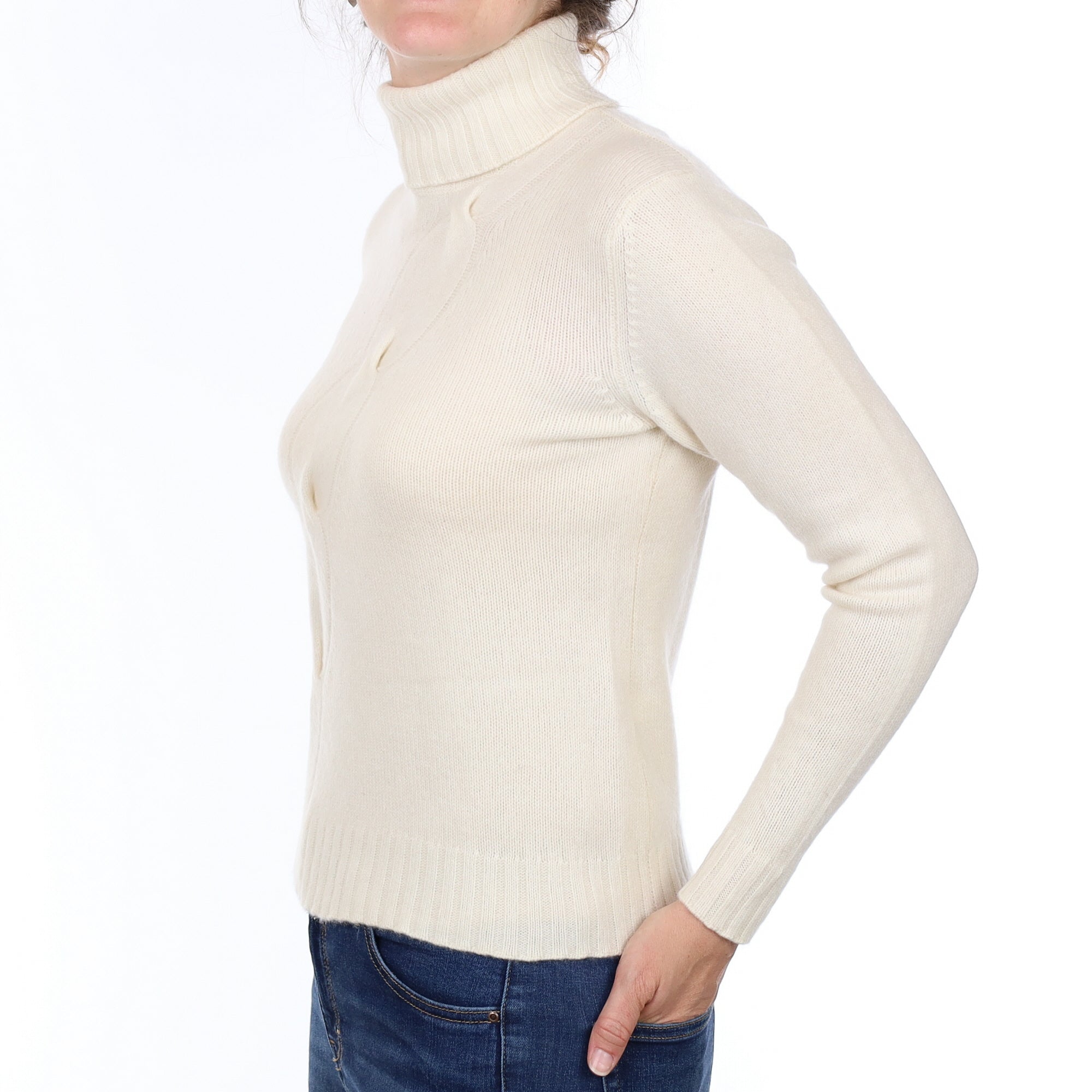 Winter White Textured Cashmere Polo Neck Jumper Small
