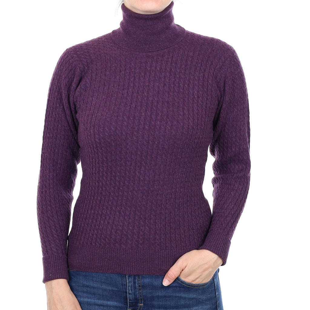 Blueberry Purple Cable Cashmere Polo Neck Jumper Small