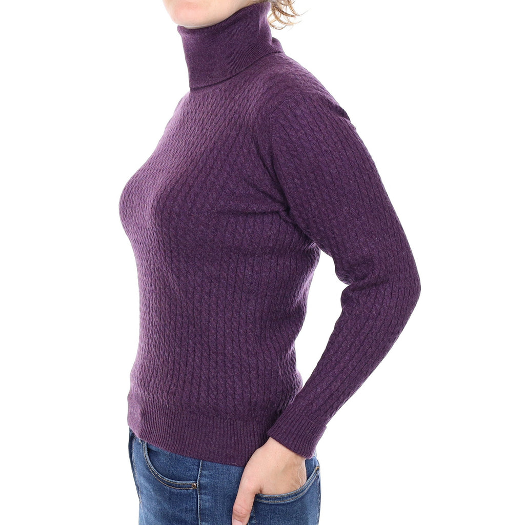 Blueberry Purple Cable Cashmere Polo Neck Jumper Small