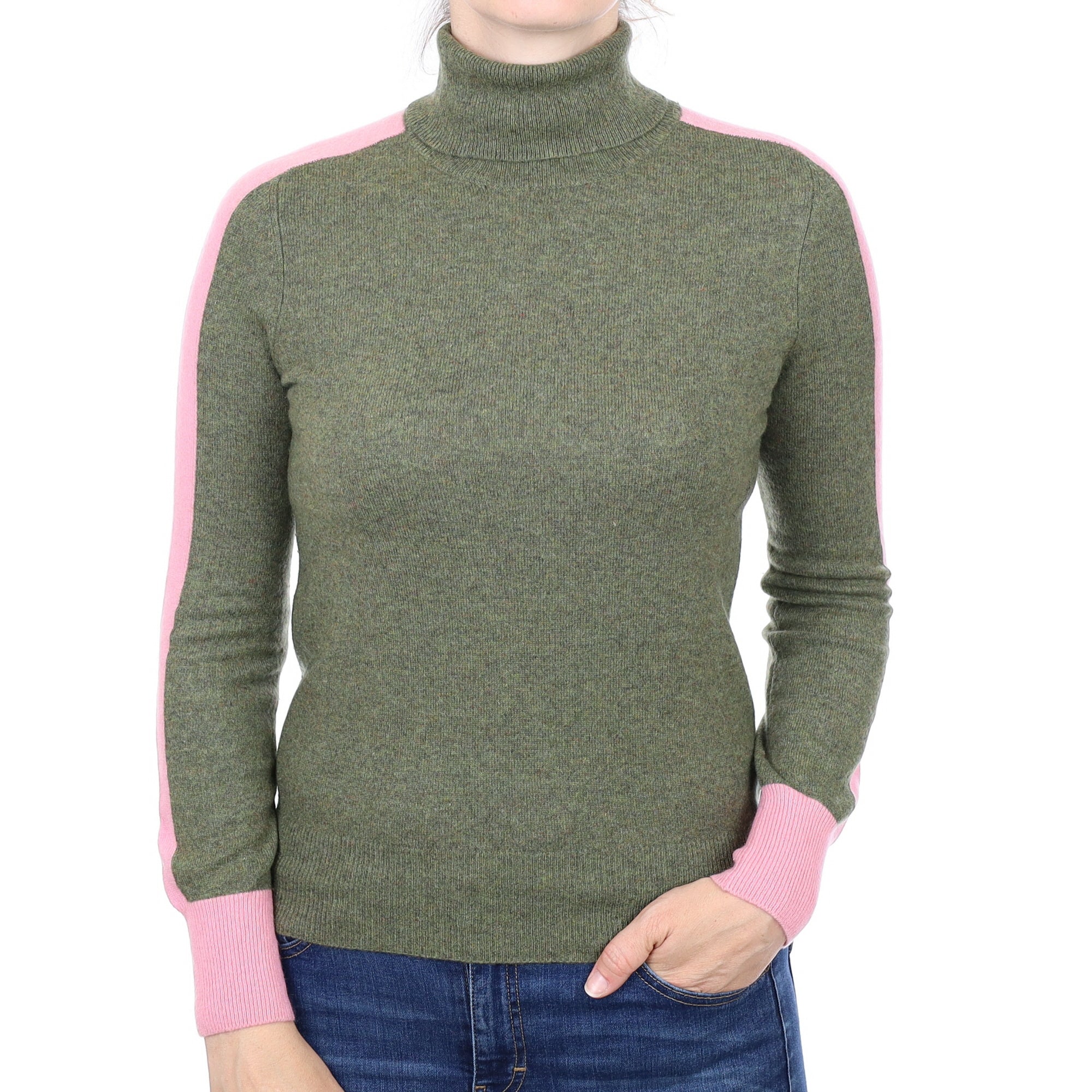 Khaki and Pink Stripe Cashmere Polo Neck Jumper Small